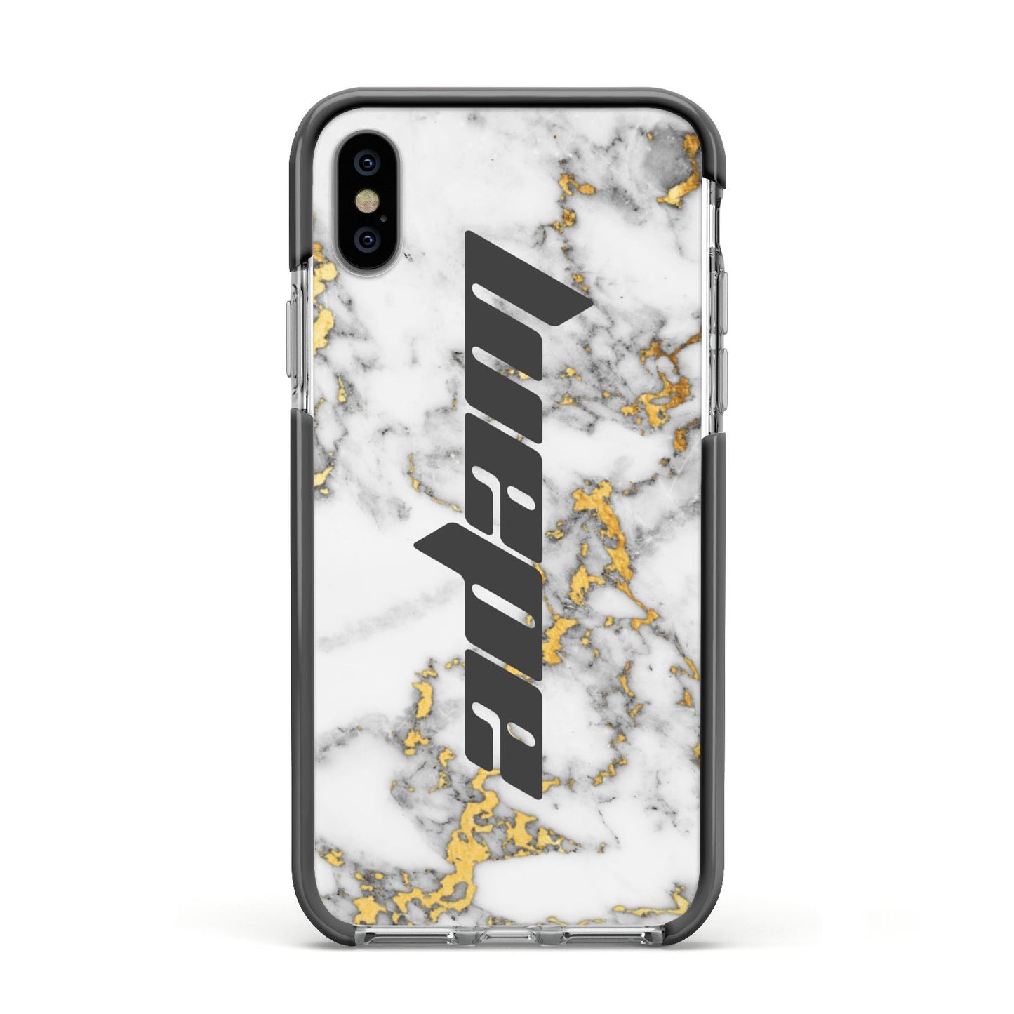 Personalised White Gold Marble Name Apple iPhone Xs Impact Case Black Edge on Silver Phone