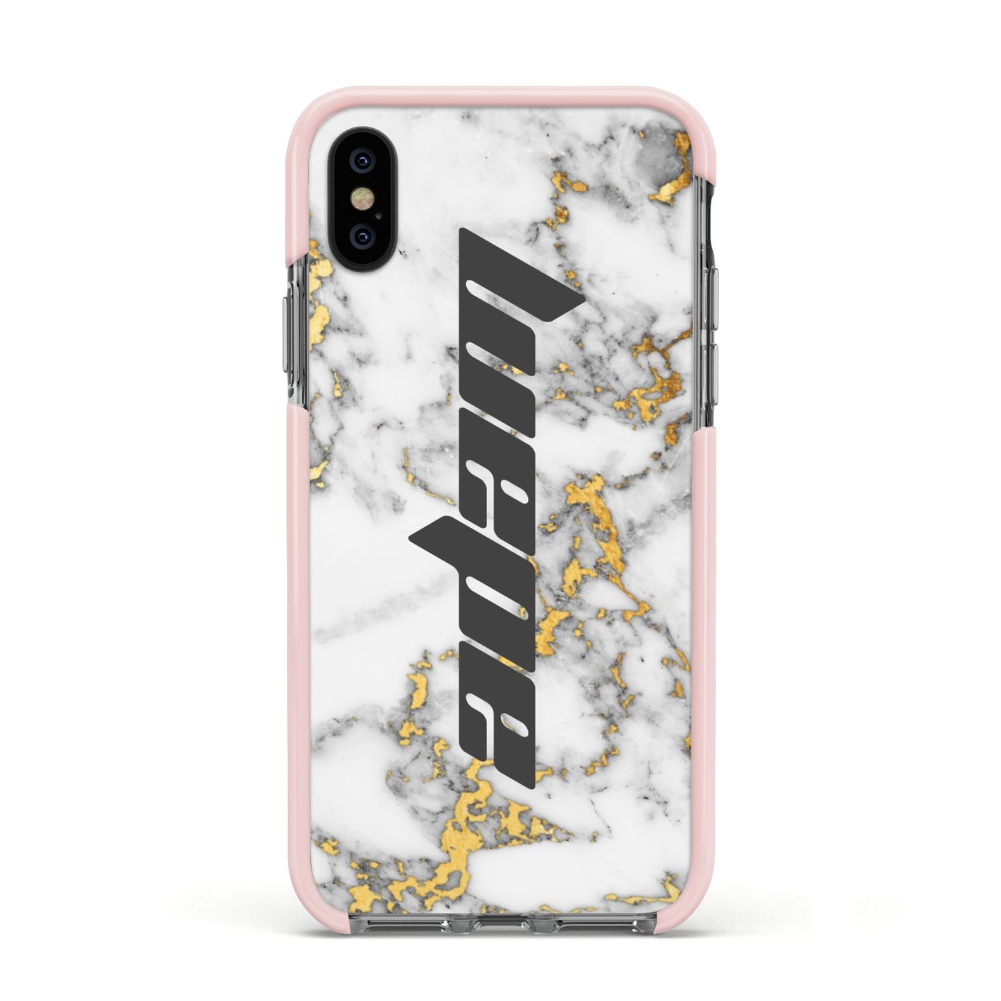 Personalised White Gold Marble Name Apple iPhone Xs Impact Case Pink Edge on Black Phone