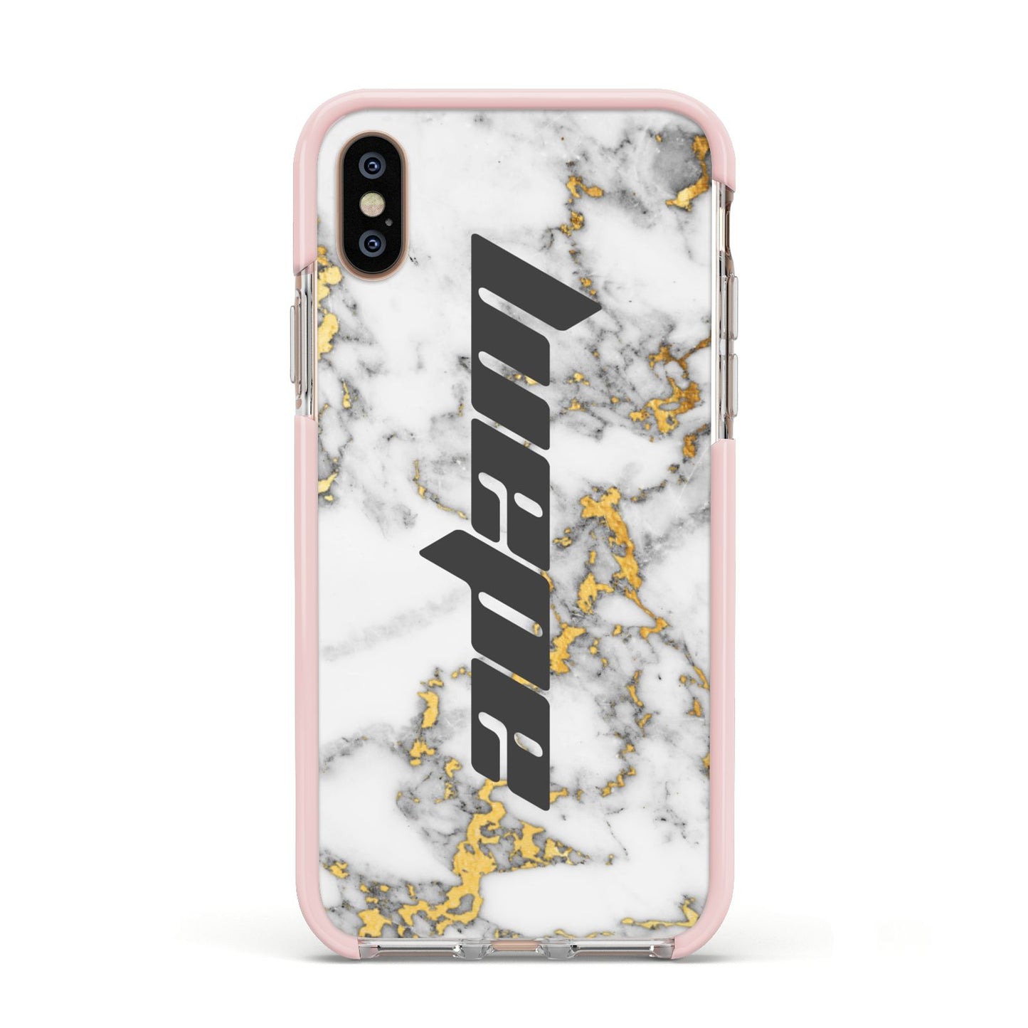 Personalised White Gold Marble Name Apple iPhone Xs Impact Case Pink Edge on Gold Phone