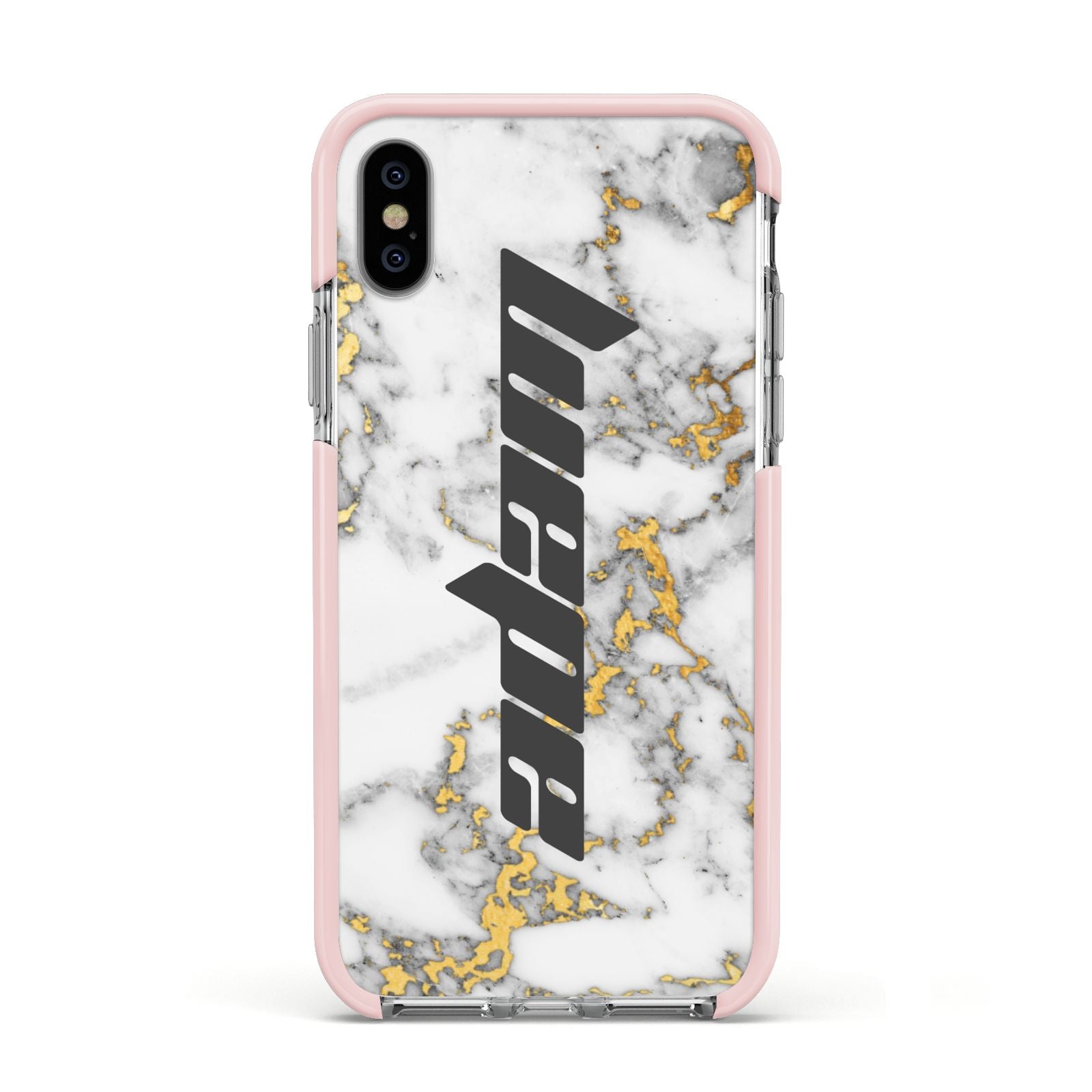 Personalised White Gold Marble Name Apple iPhone Xs Impact Case Pink Edge on Silver Phone