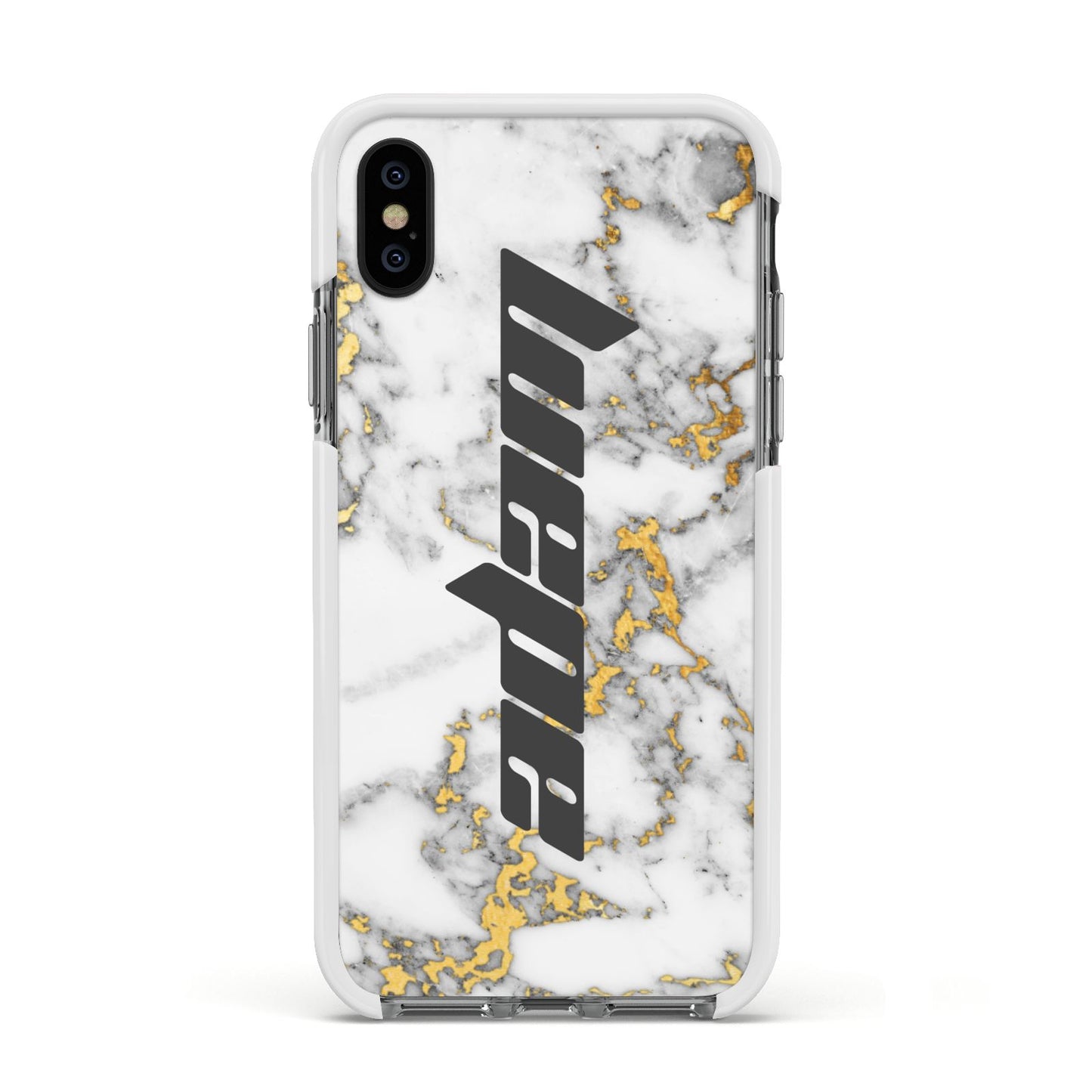 Personalised White Gold Marble Name Apple iPhone Xs Impact Case White Edge on Black Phone