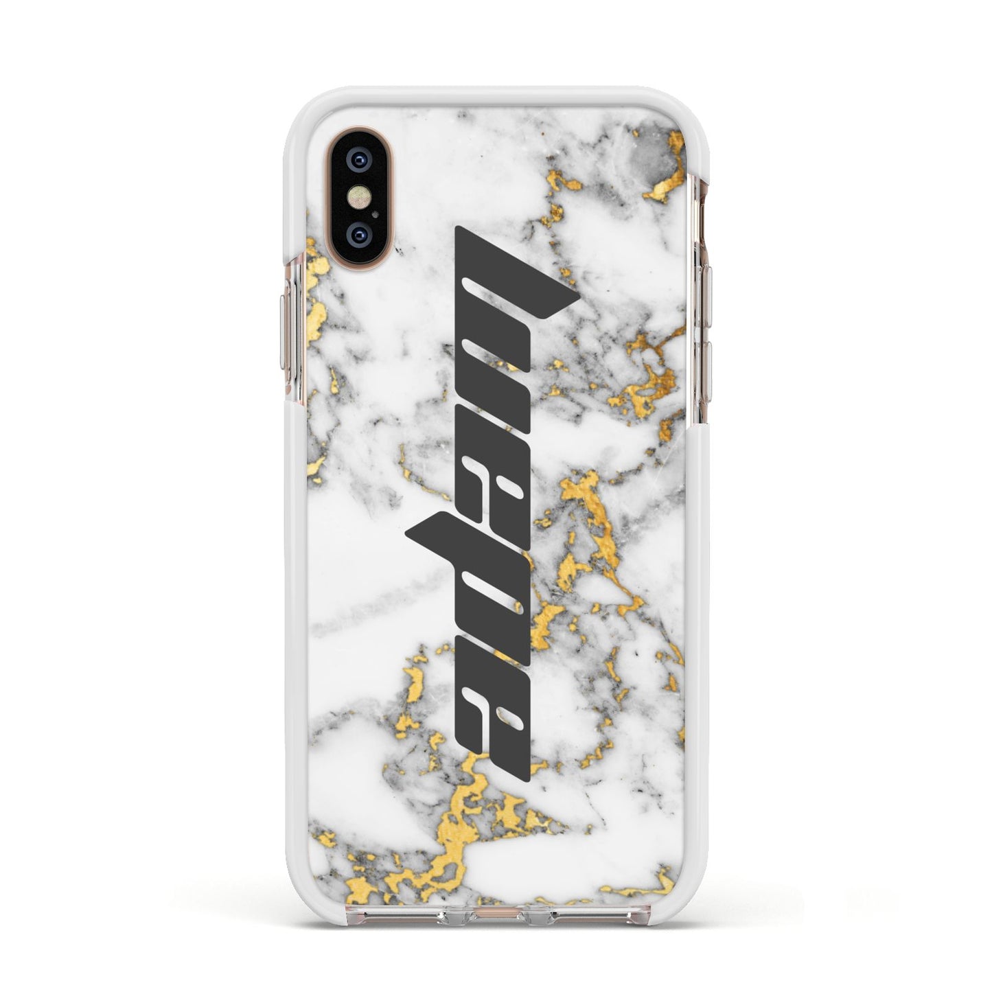 Personalised White Gold Marble Name Apple iPhone Xs Impact Case White Edge on Gold Phone
