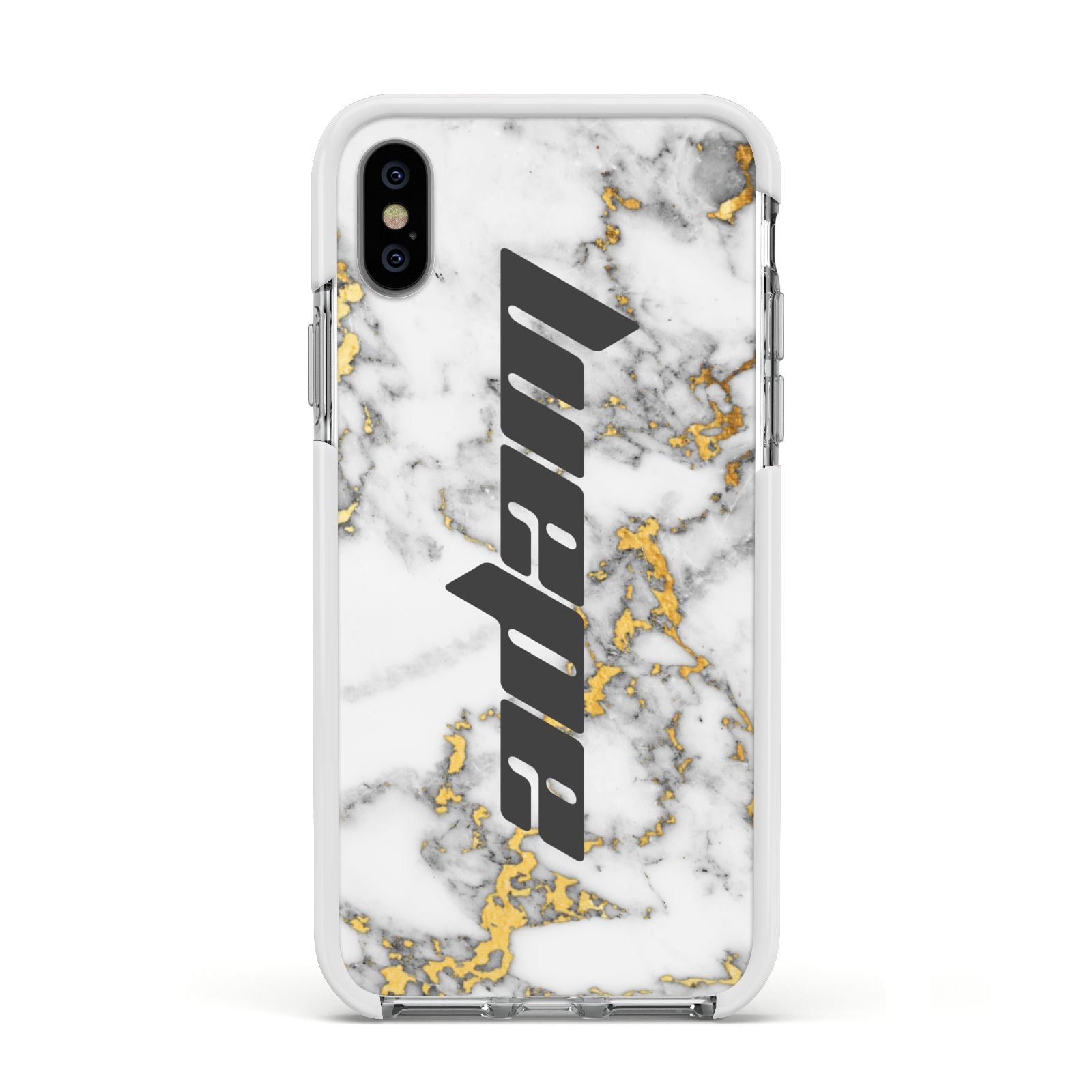 Personalised White Gold Marble Name Apple iPhone Xs Impact Case White Edge on Silver Phone
