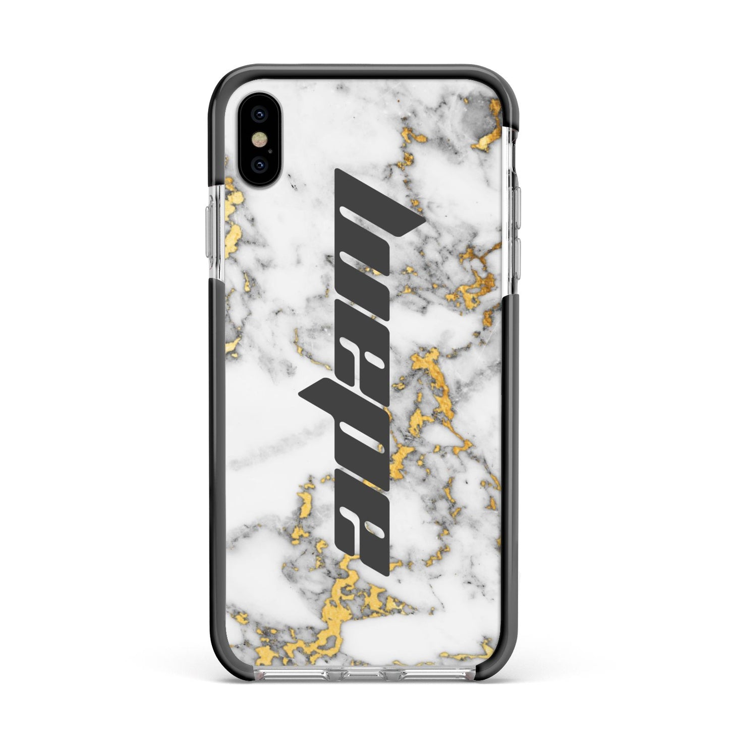 Personalised White Gold Marble Name Apple iPhone Xs Max Impact Case Black Edge on Silver Phone