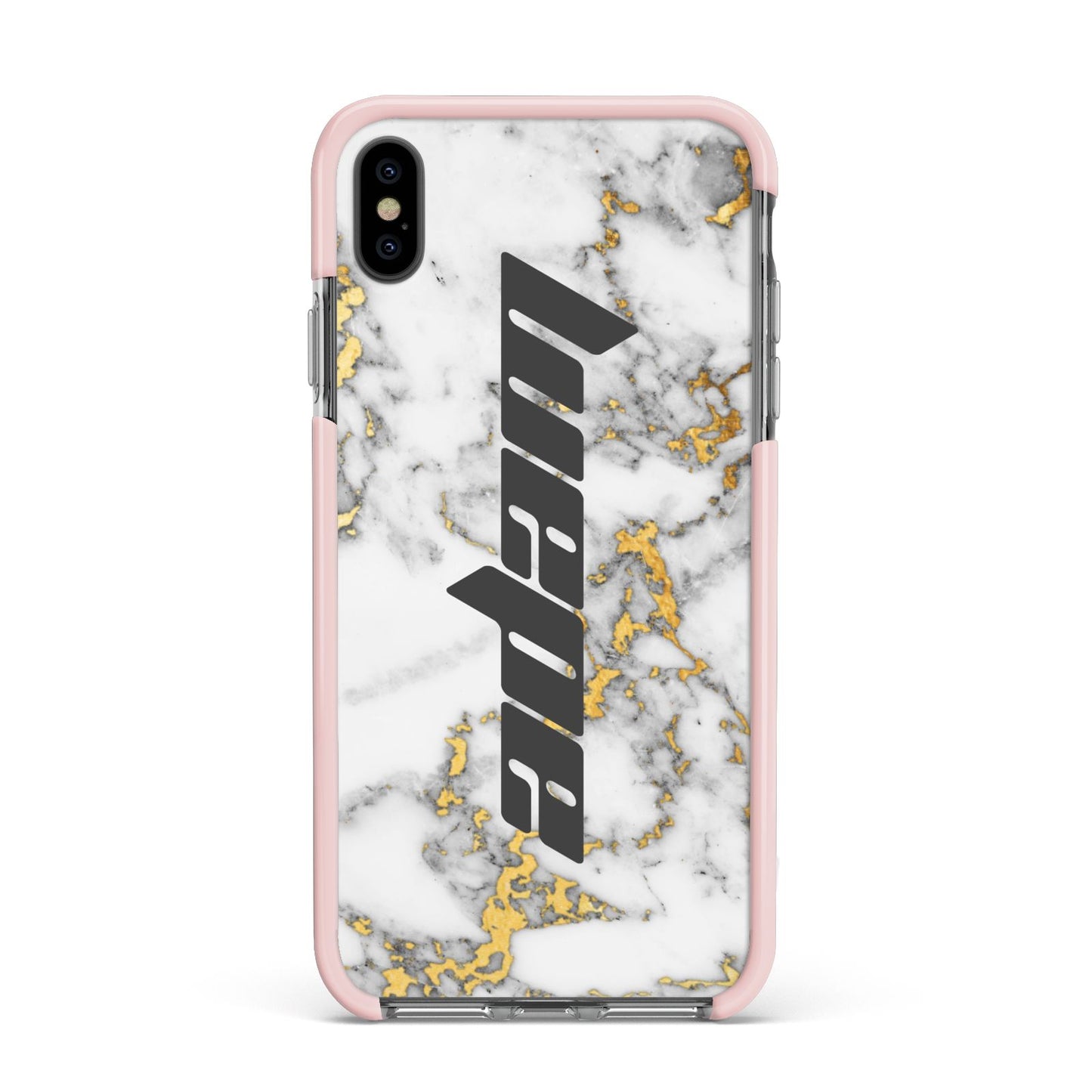 Personalised White Gold Marble Name Apple iPhone Xs Max Impact Case Pink Edge on Black Phone