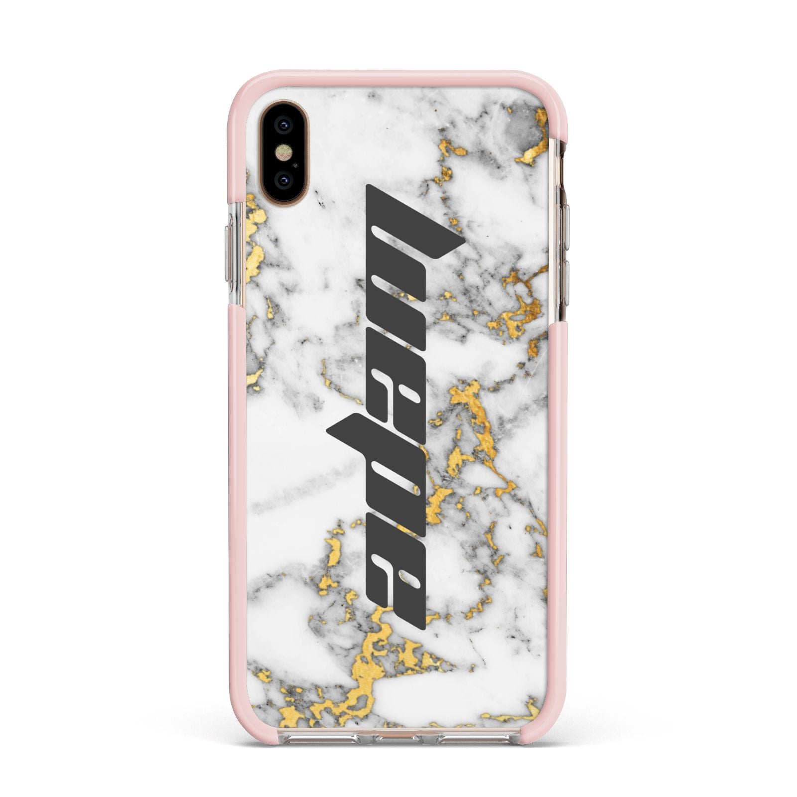 Personalised White Gold Marble Name Apple iPhone Xs Max Impact Case Pink Edge on Gold Phone