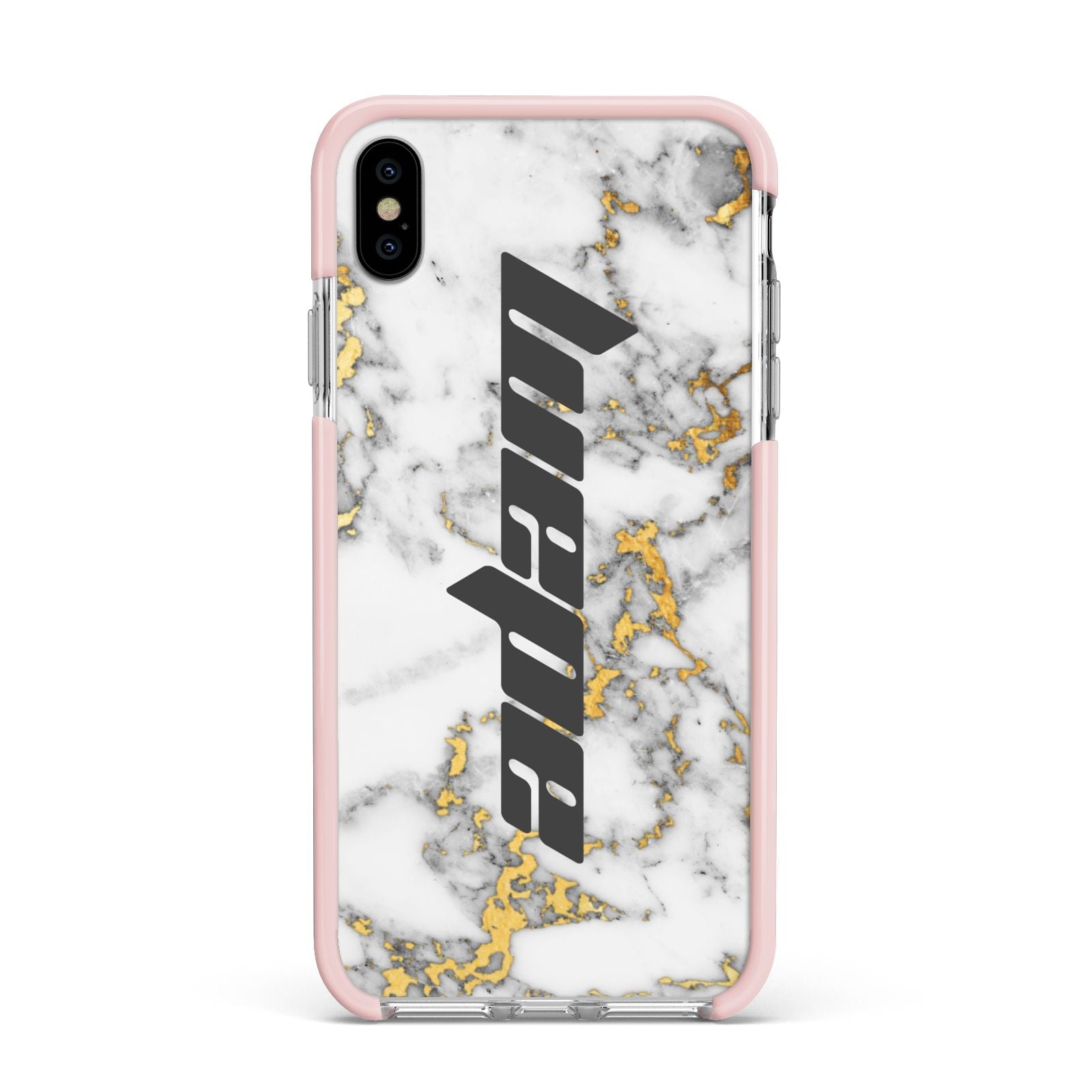 Personalised White Gold Marble Name Apple iPhone Xs Max Impact Case Pink Edge on Silver Phone
