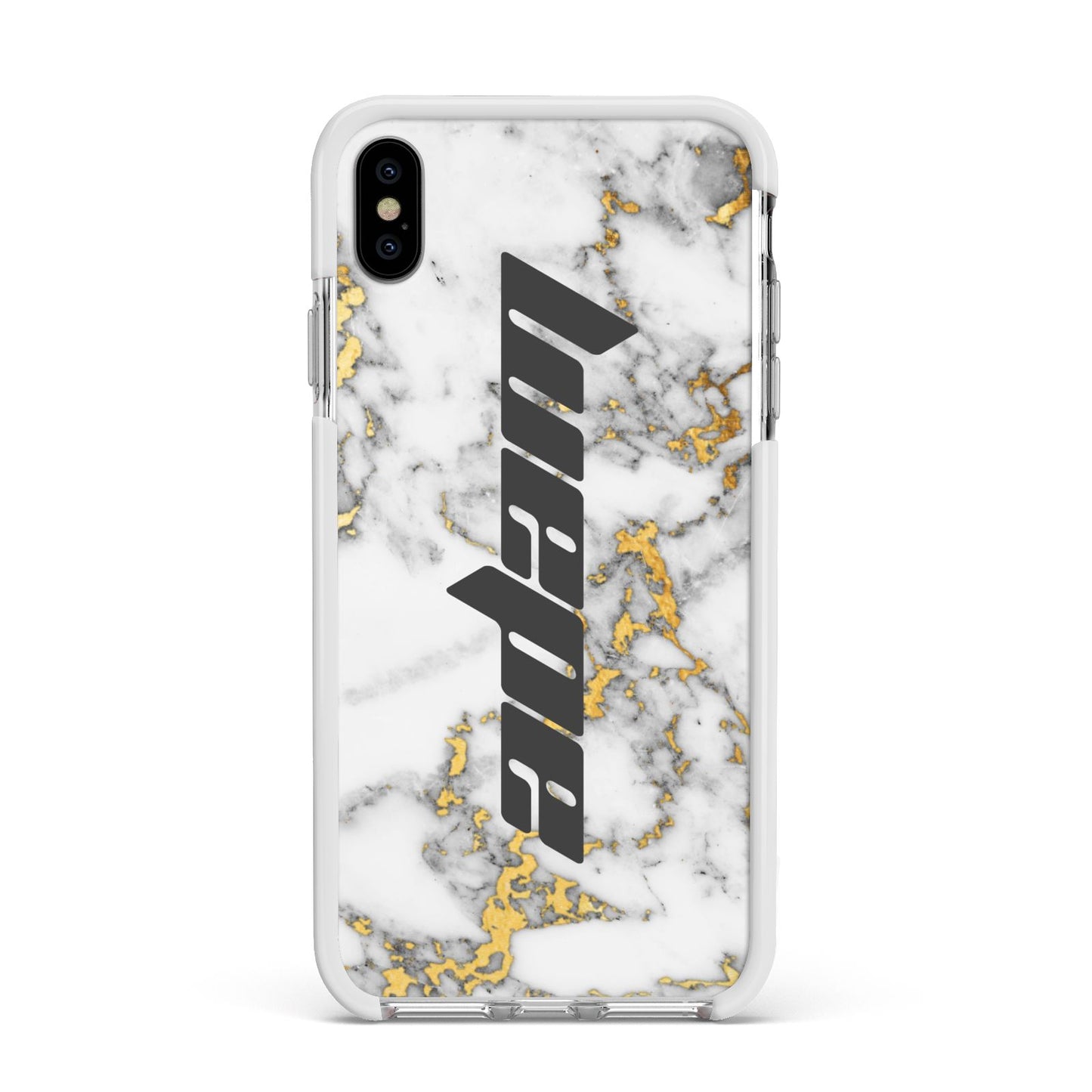 Personalised White Gold Marble Name Apple iPhone Xs Max Impact Case White Edge on Silver Phone