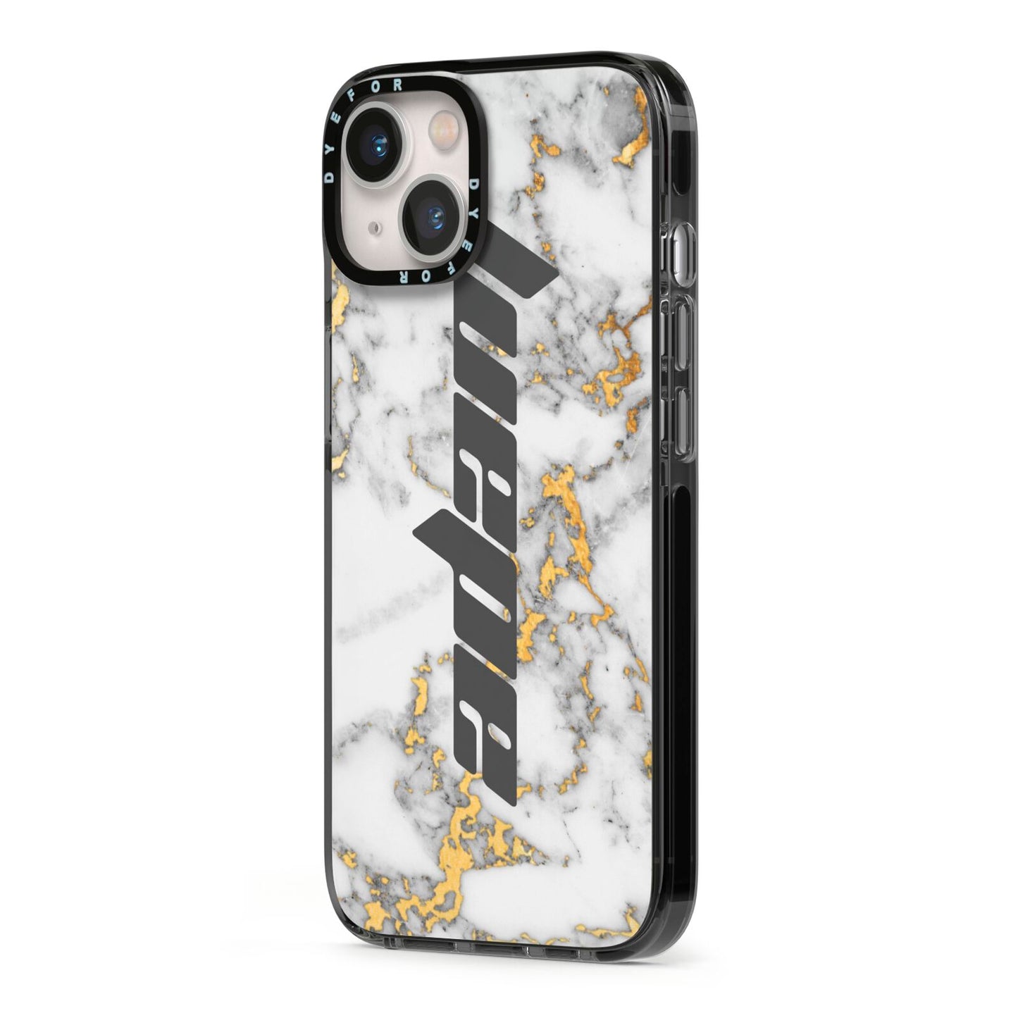 Personalised White Gold Marble Name iPhone 13 Black Impact Case Side Angle on Silver phone