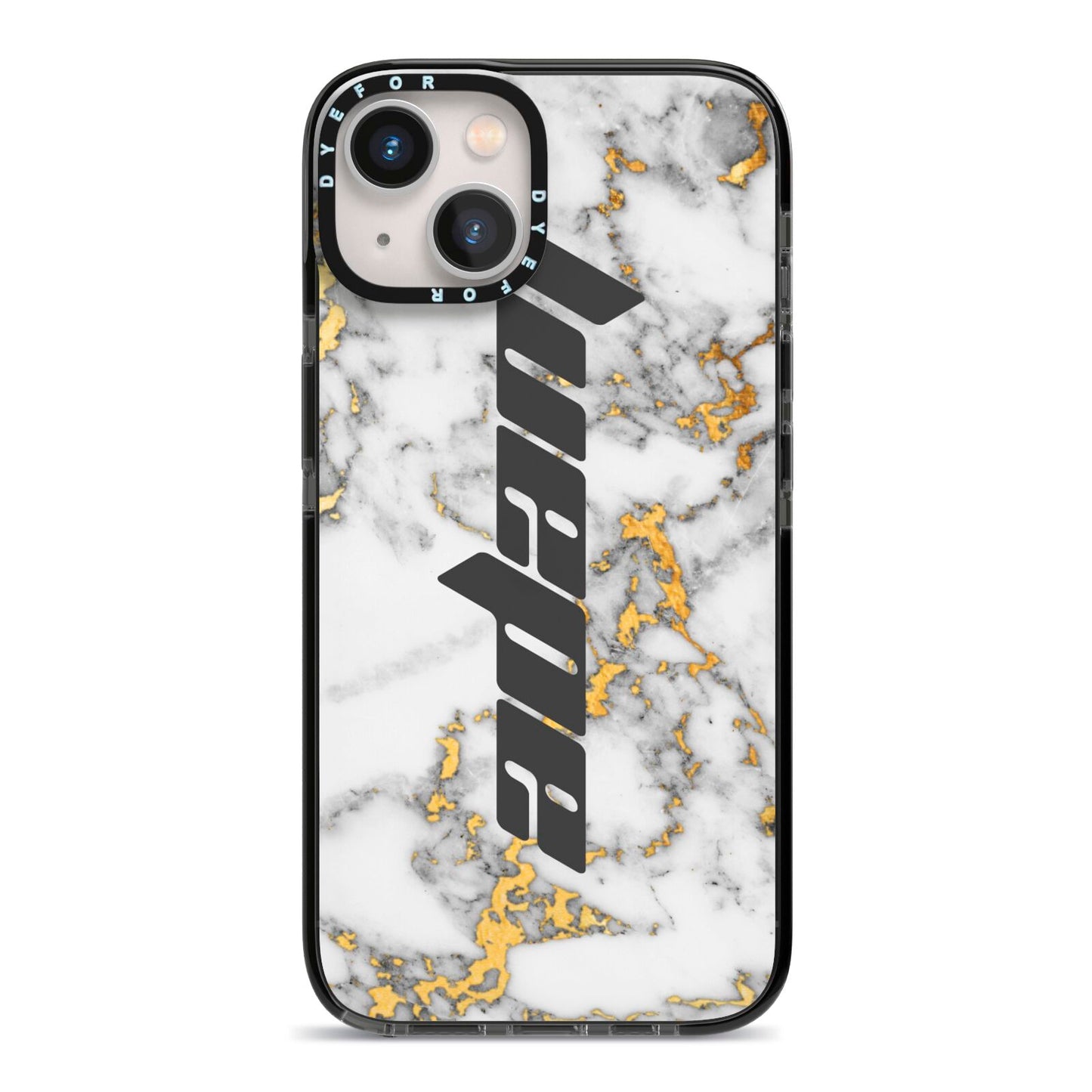 Personalised White Gold Marble Name iPhone 13 Black Impact Case on Silver phone