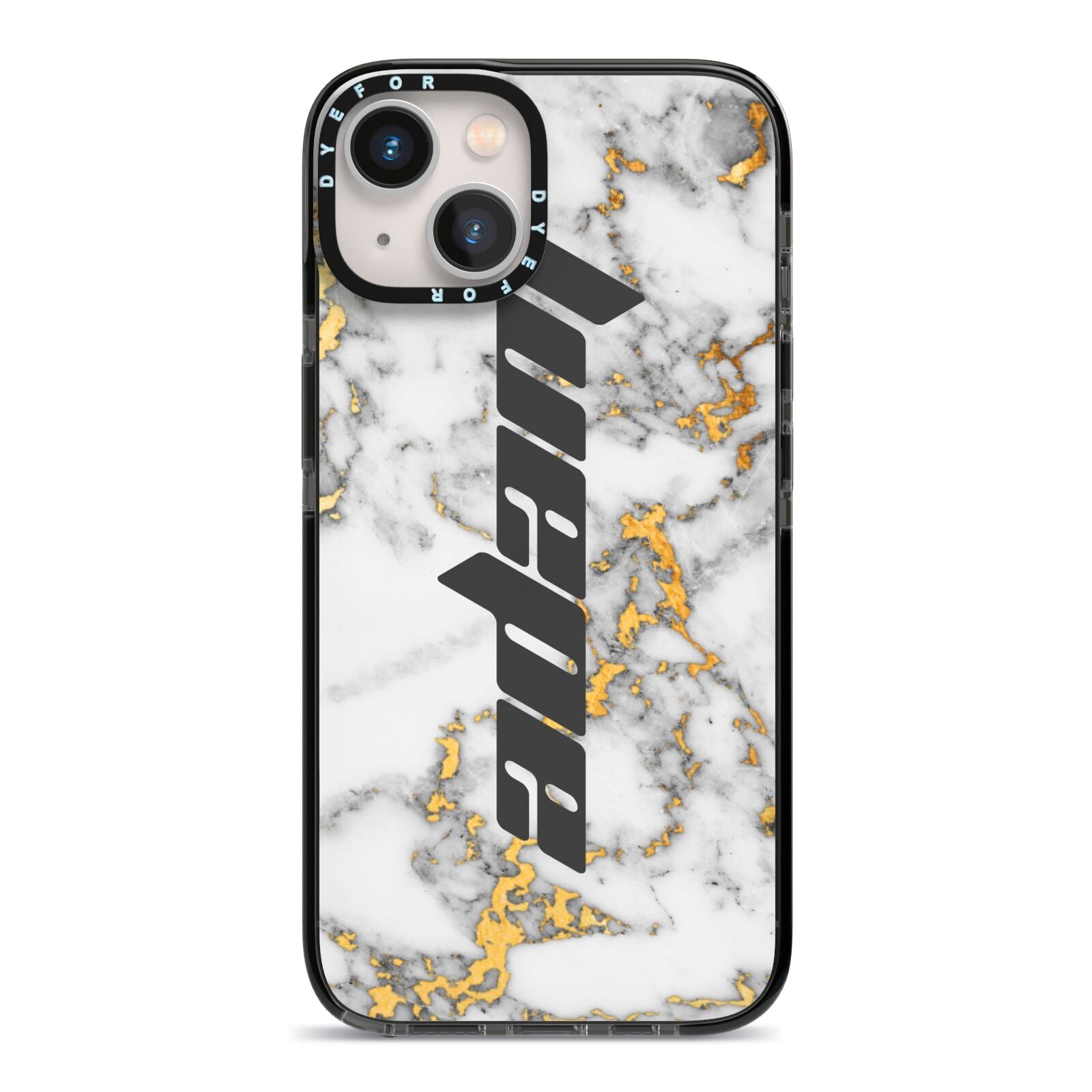 Personalised White Gold Marble Name iPhone 13 Black Impact Case on Silver phone