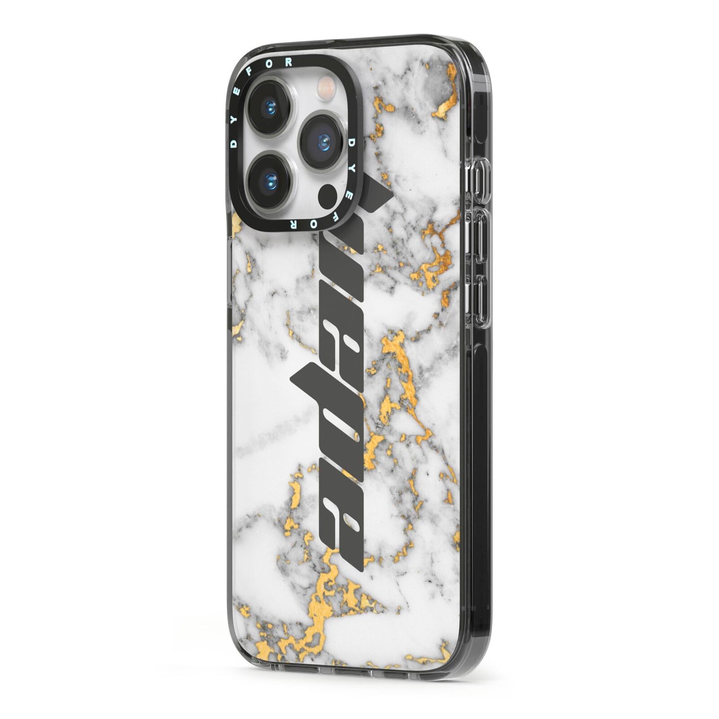 Personalised White Gold Marble Name iPhone 13 Pro Black Impact Case Side Angle on Silver phone