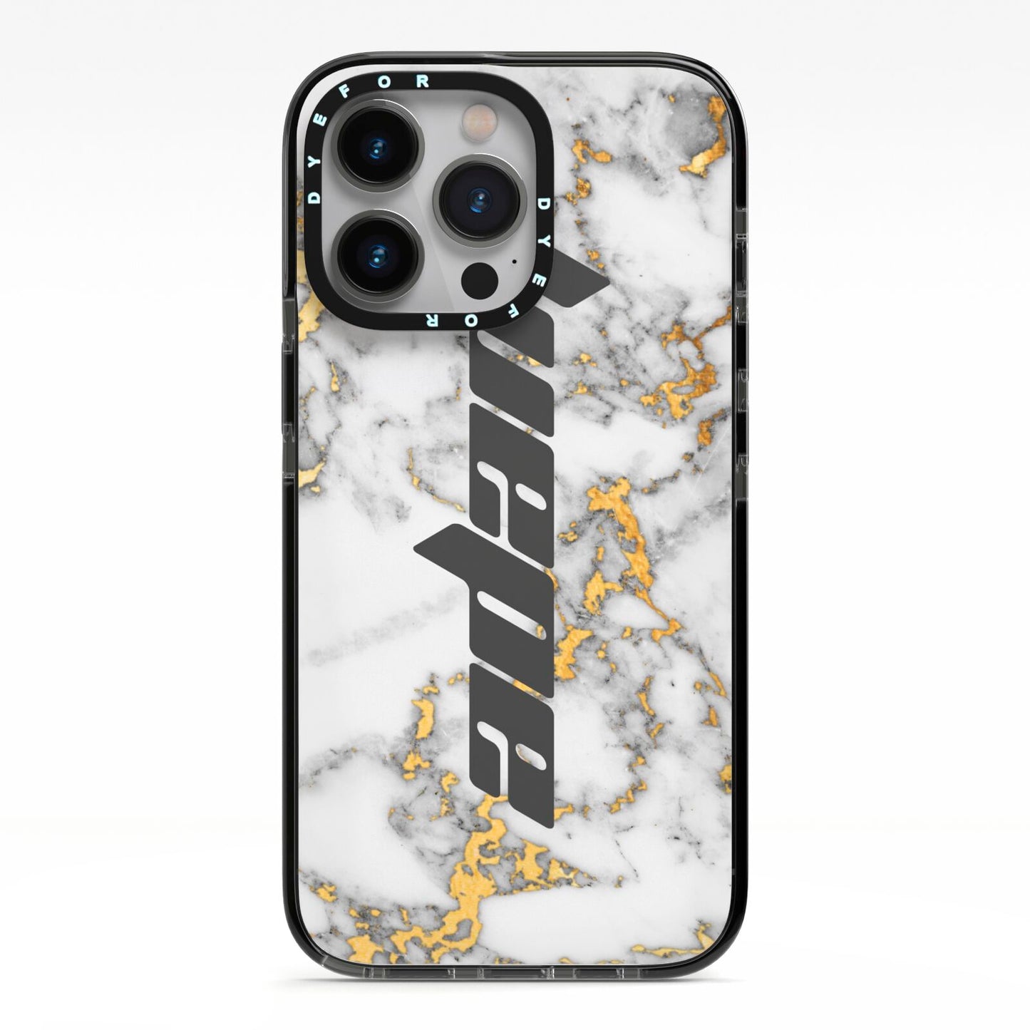 Personalised White Gold Marble Name iPhone 13 Pro Black Impact Case on Silver phone