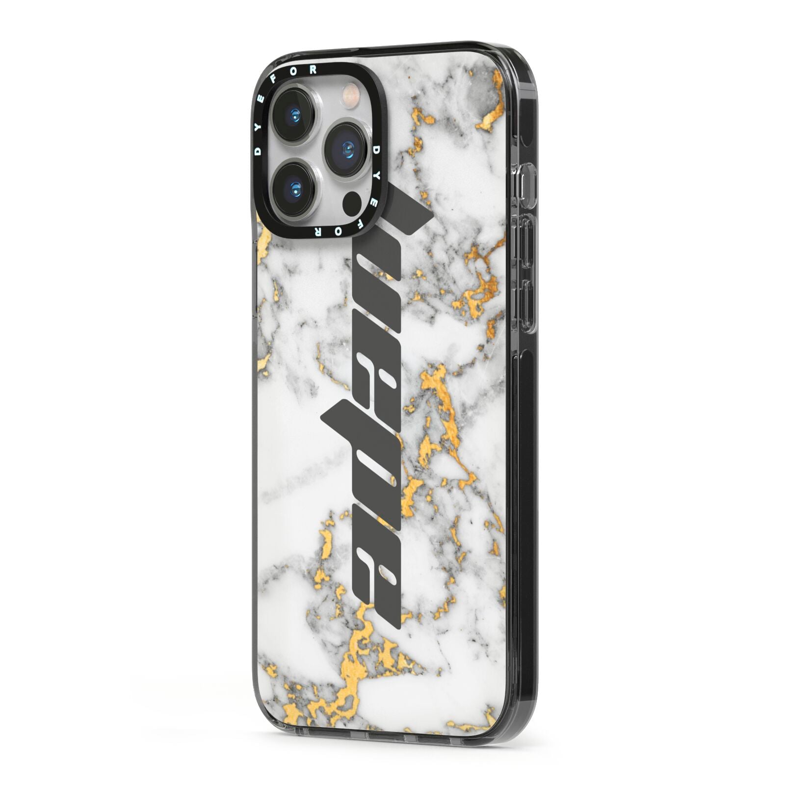 Personalised White Gold Marble Name iPhone 13 Pro Max Black Impact Case Side Angle on Silver phone