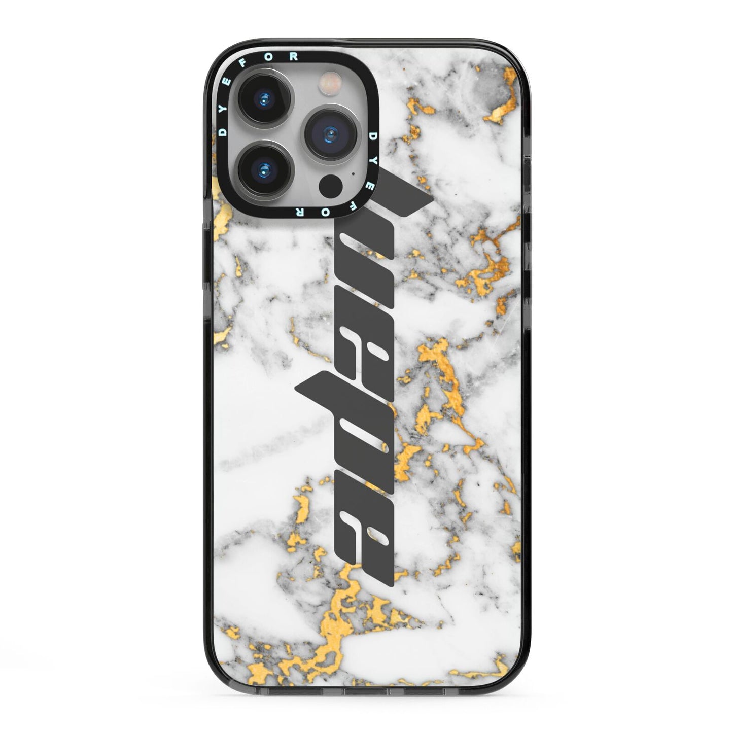 Personalised White Gold Marble Name iPhone 13 Pro Max Black Impact Case on Silver phone