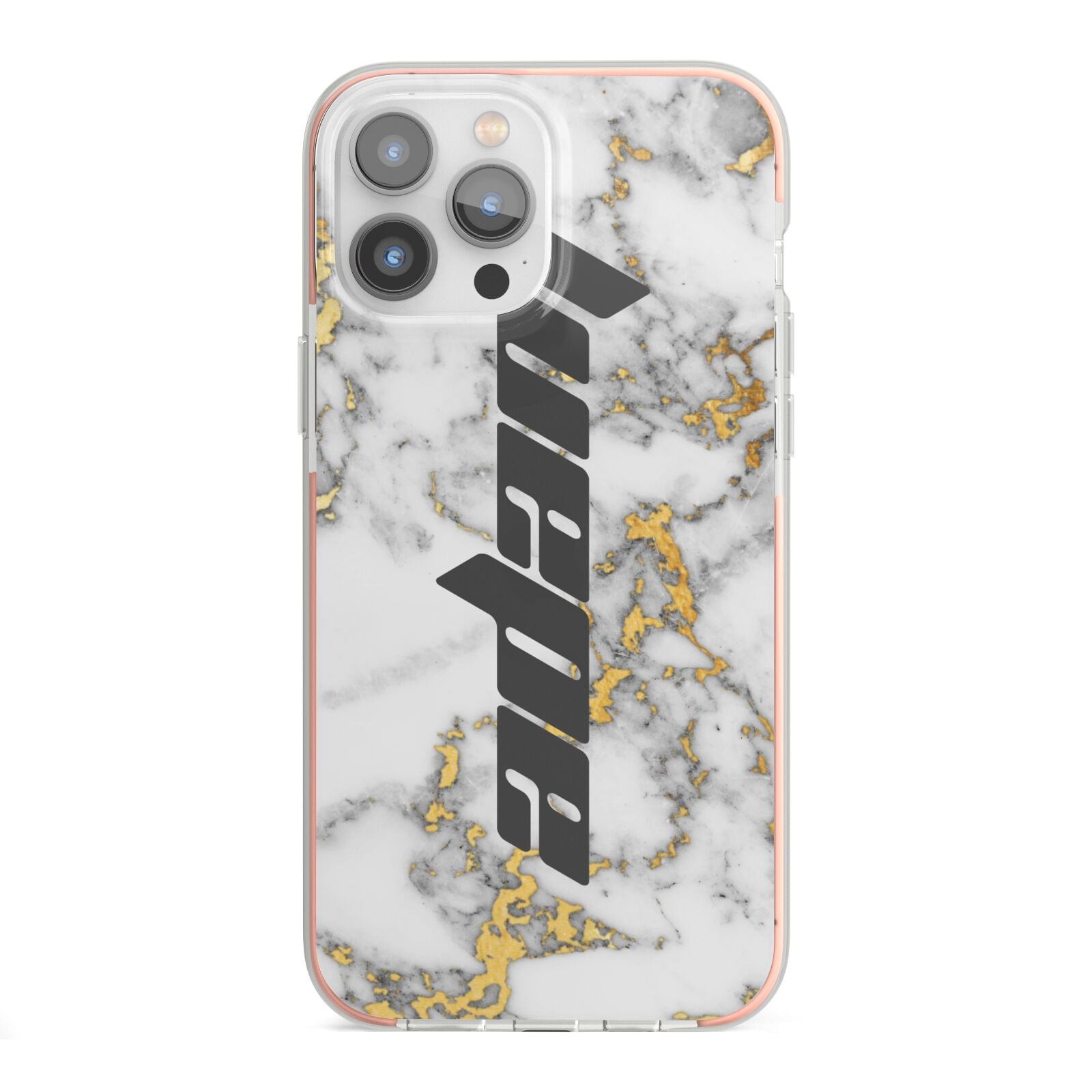 Personalised White Gold Marble Name iPhone 13 Pro Max TPU Impact Case with Pink Edges