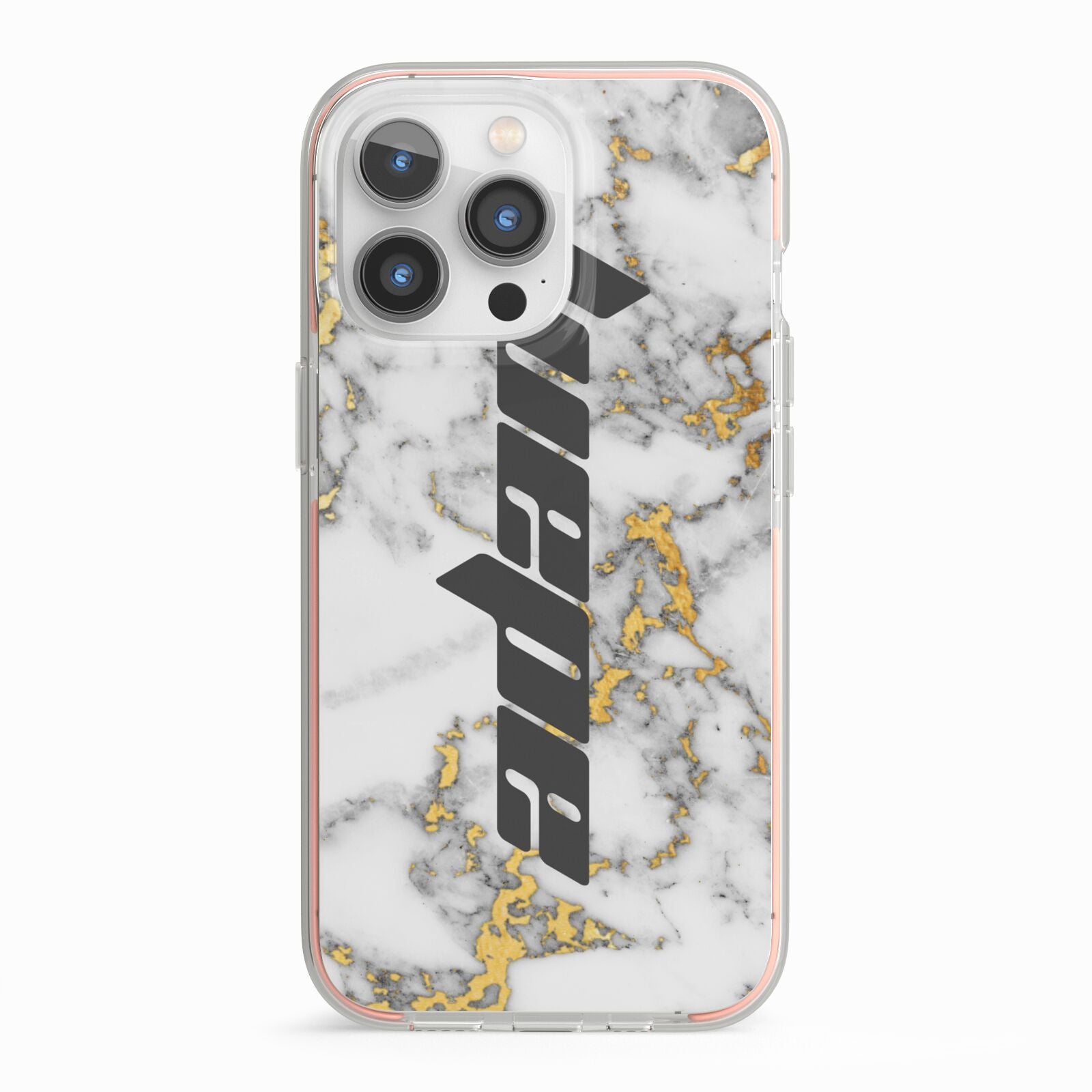 Personalised White Gold Marble Name iPhone 13 Pro TPU Impact Case with Pink Edges
