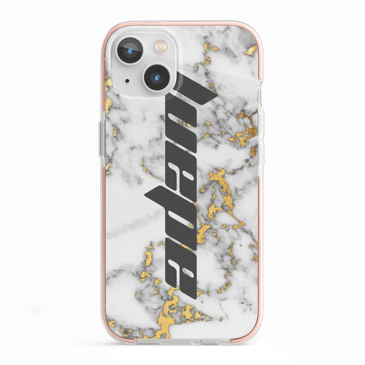 Personalised White Gold Marble Name iPhone 13 TPU Impact Case with Pink Edges