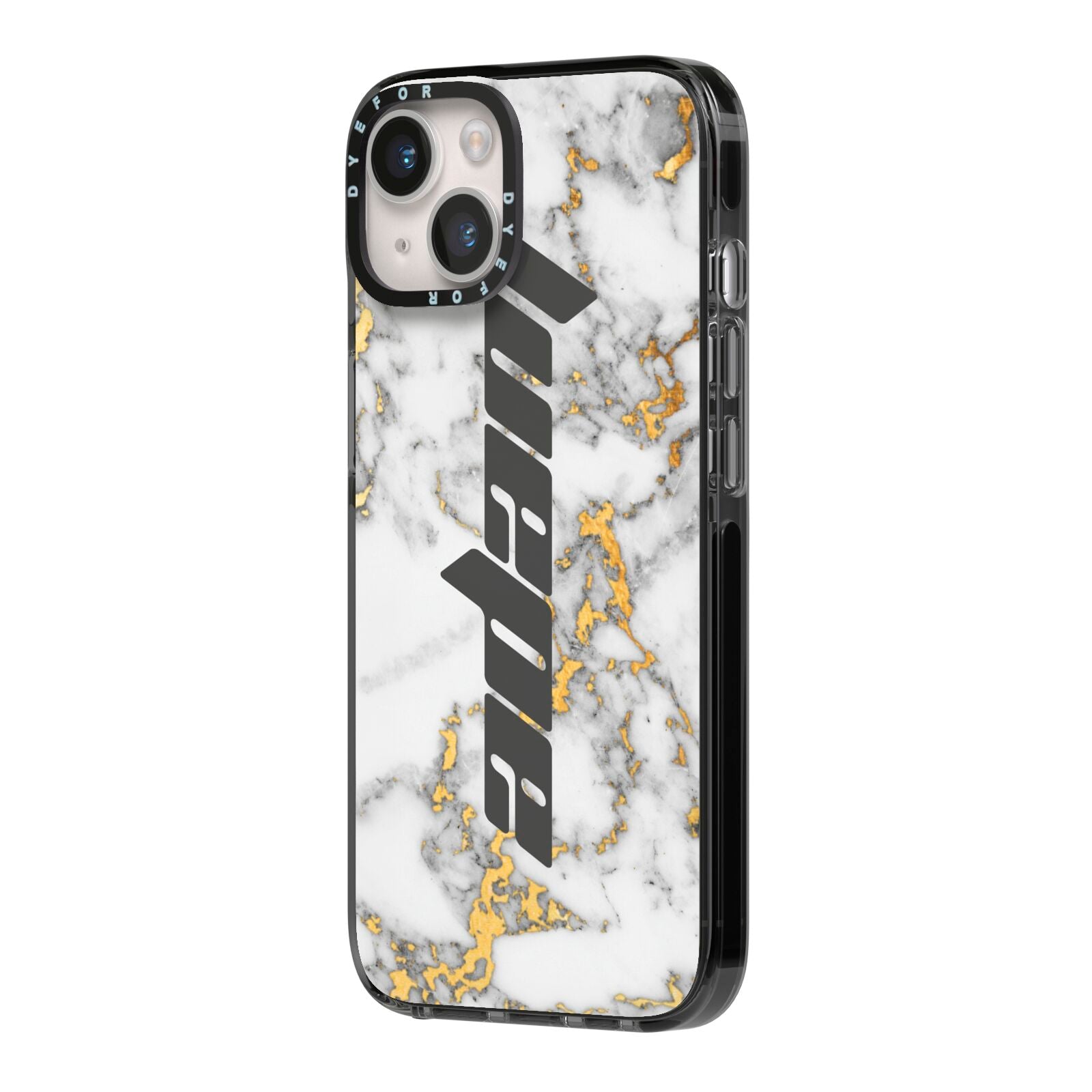 Personalised White Gold Marble Name iPhone 14 Black Impact Case Side Angle on Silver phone
