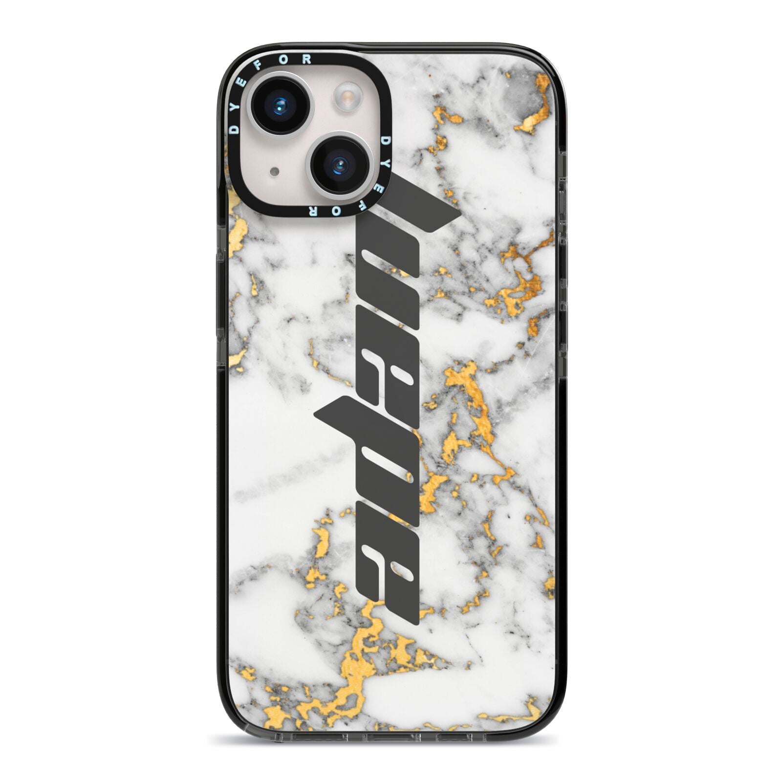 Personalised White Gold Marble Name iPhone 14 Black Impact Case on Silver phone