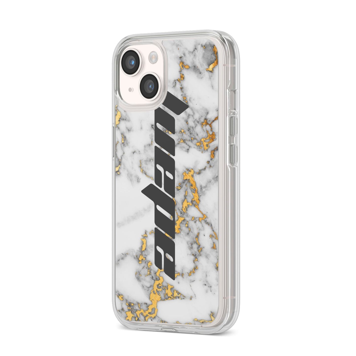 Personalised White Gold Marble Name iPhone 14 Clear Tough Case Starlight Angled Image