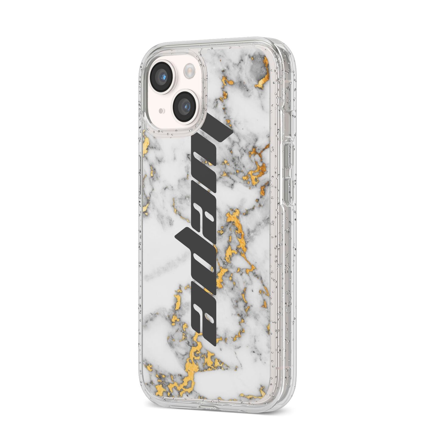 Personalised White Gold Marble Name iPhone 14 Glitter Tough Case Starlight Angled Image