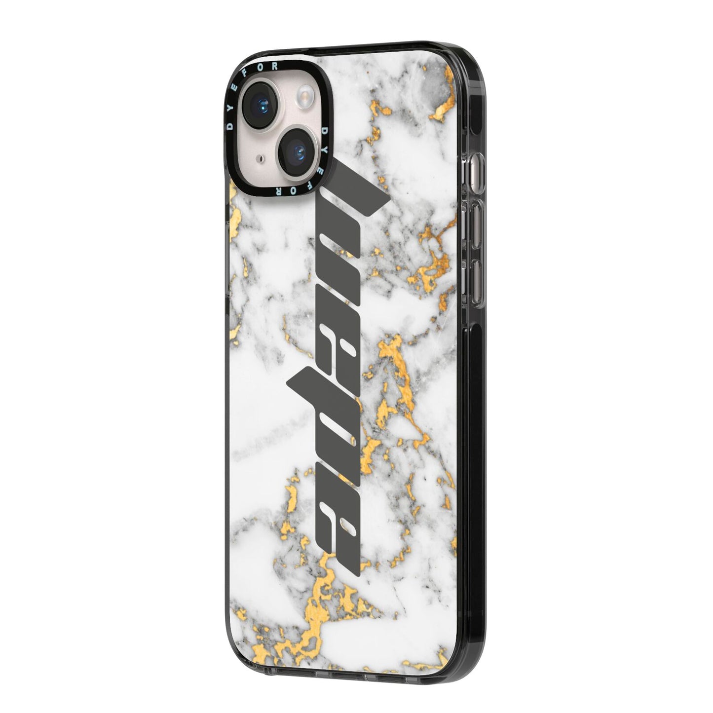Personalised White Gold Marble Name iPhone 14 Plus Black Impact Case Side Angle on Silver phone