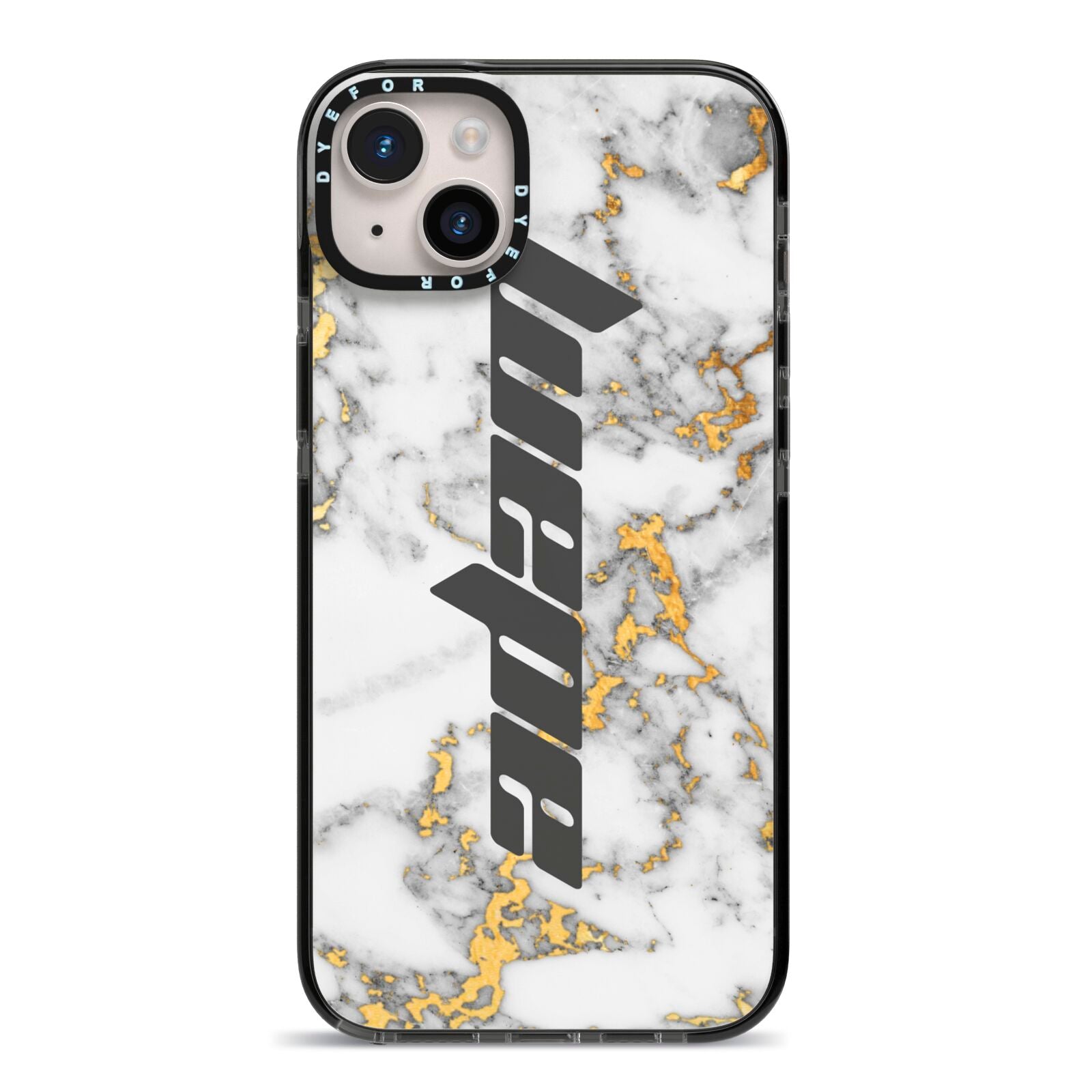 Personalised White Gold Marble Name iPhone 14 Plus Black Impact Case on Silver phone