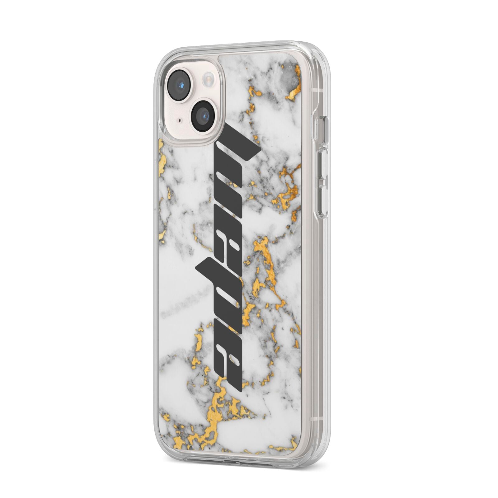 Personalised White Gold Marble Name iPhone 14 Plus Clear Tough Case Starlight Angled Image