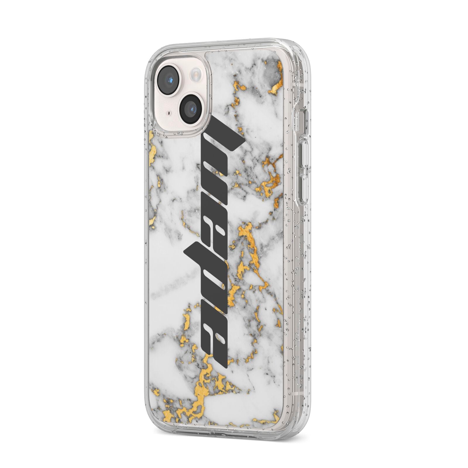 Personalised White Gold Marble Name iPhone 14 Plus Glitter Tough Case Starlight Angled Image