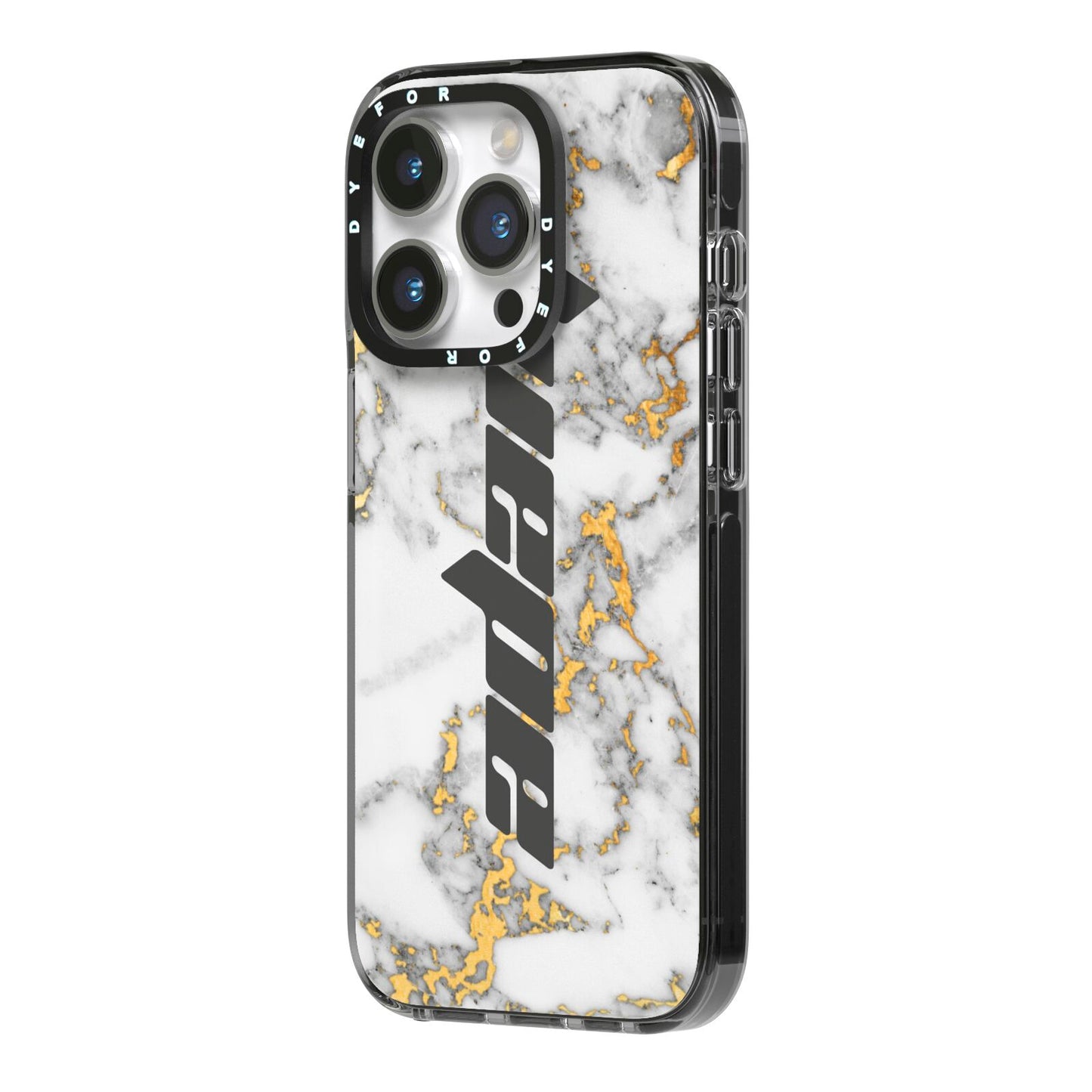 Personalised White Gold Marble Name iPhone 14 Pro Black Impact Case Side Angle on Silver phone