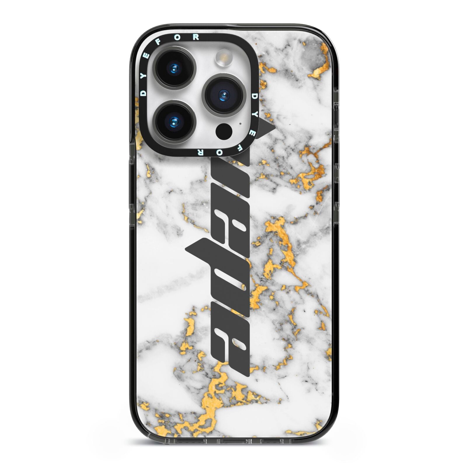 Personalised White Gold Marble Name iPhone 14 Pro Black Impact Case on Silver phone