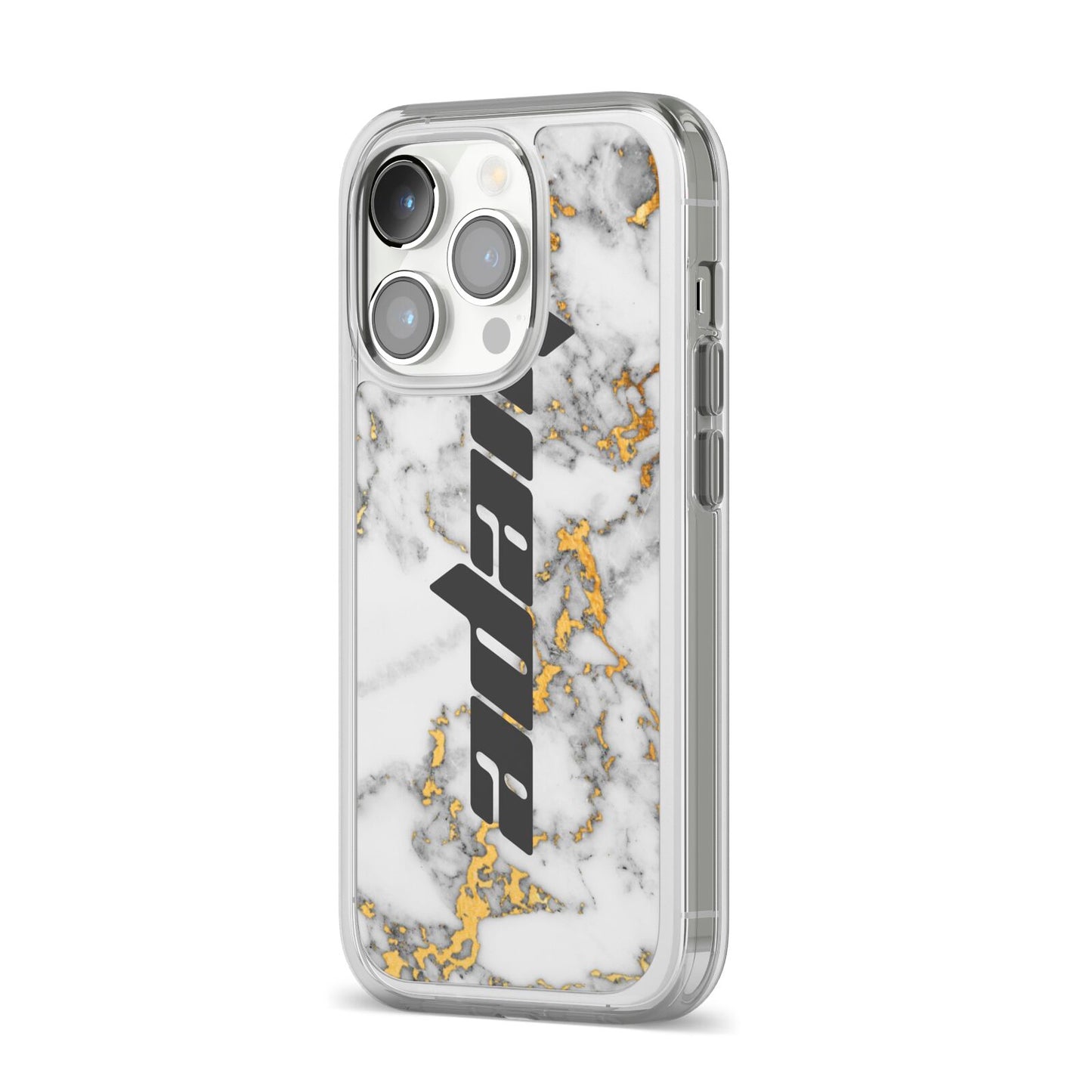Personalised White Gold Marble Name iPhone 14 Pro Clear Tough Case Silver Angled Image