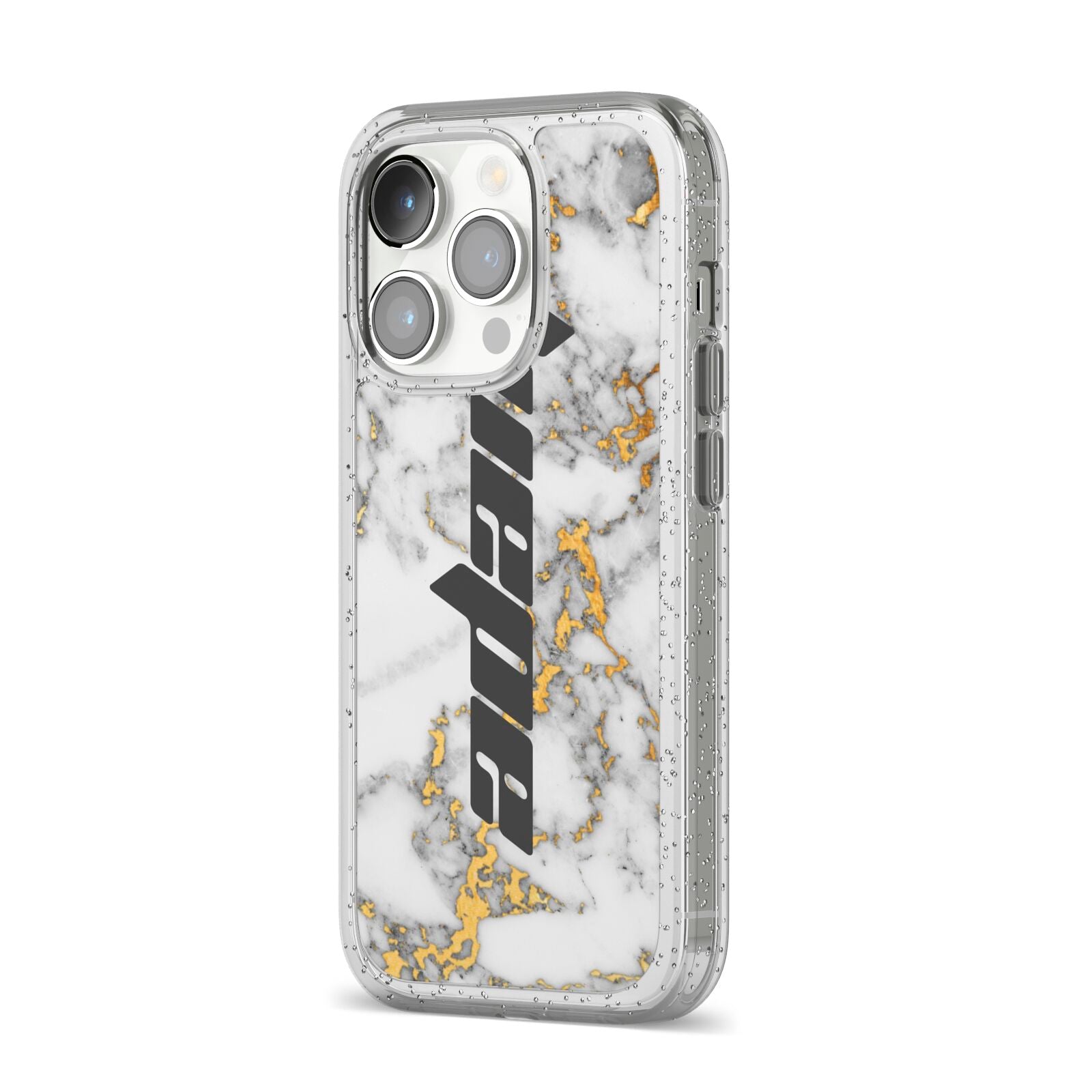 Personalised White Gold Marble Name iPhone 14 Pro Glitter Tough Case Silver Angled Image