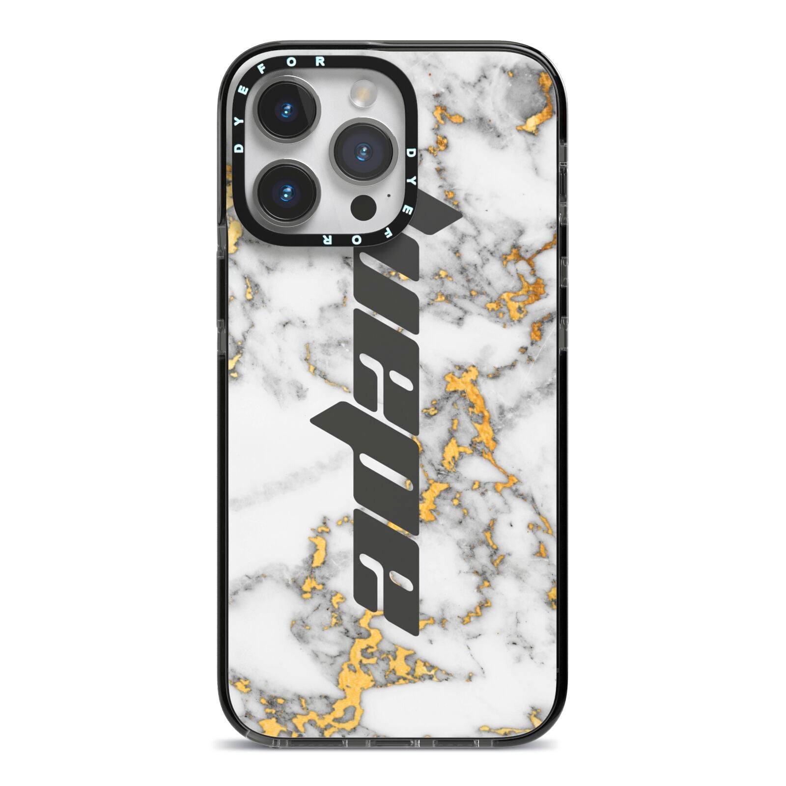 Personalised White Gold Marble Name iPhone 14 Pro Max Black Impact Case on Silver phone