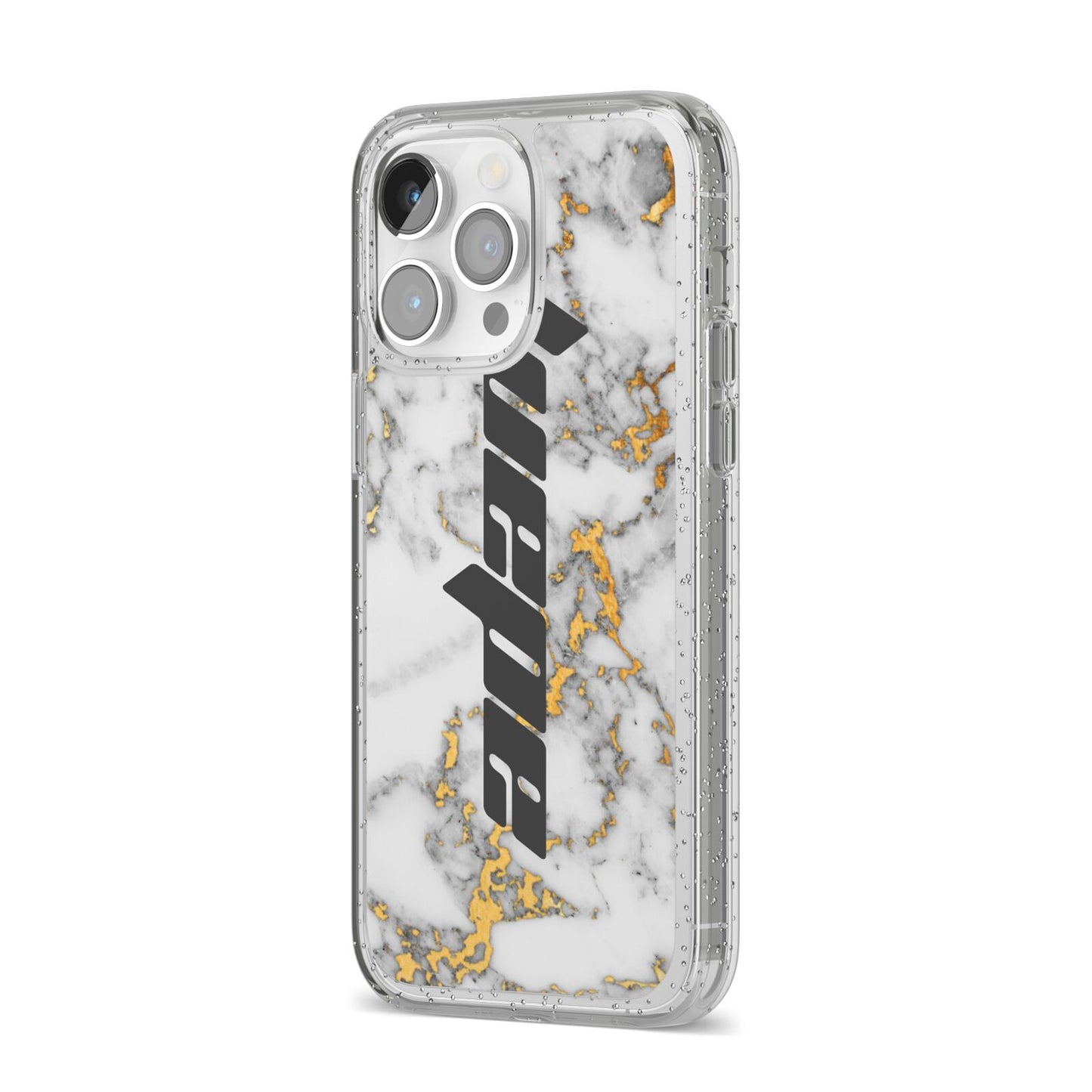 Personalised White Gold Marble Name iPhone 14 Pro Max Glitter Tough Case Silver Angled Image