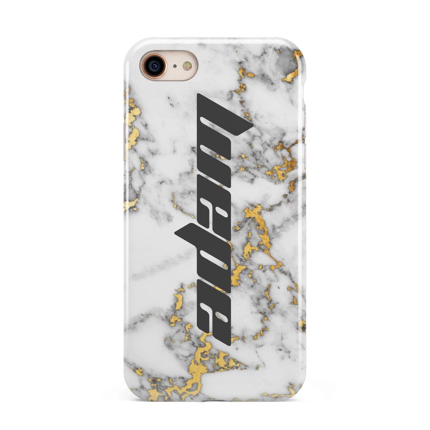 Personalised White Gold Marble Name iPhone 8 3D Tough Case on Gold Phone