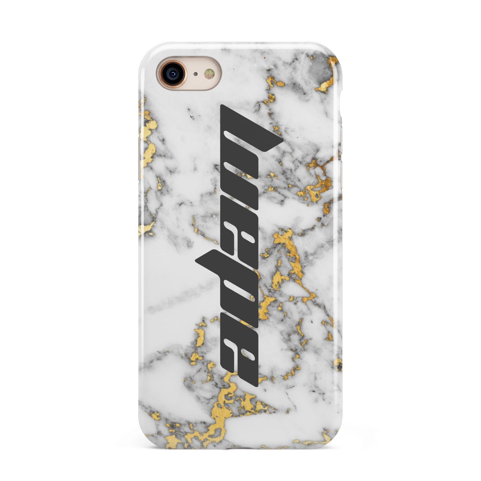 Personalised White Gold Marble Name iPhone 8 3D Tough Case on Gold Phone
