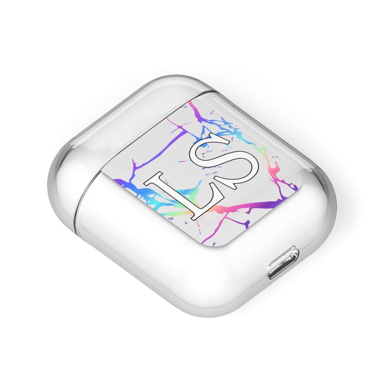 Personalised White Holographic Marble Initials AirPods Case Laid Flat
