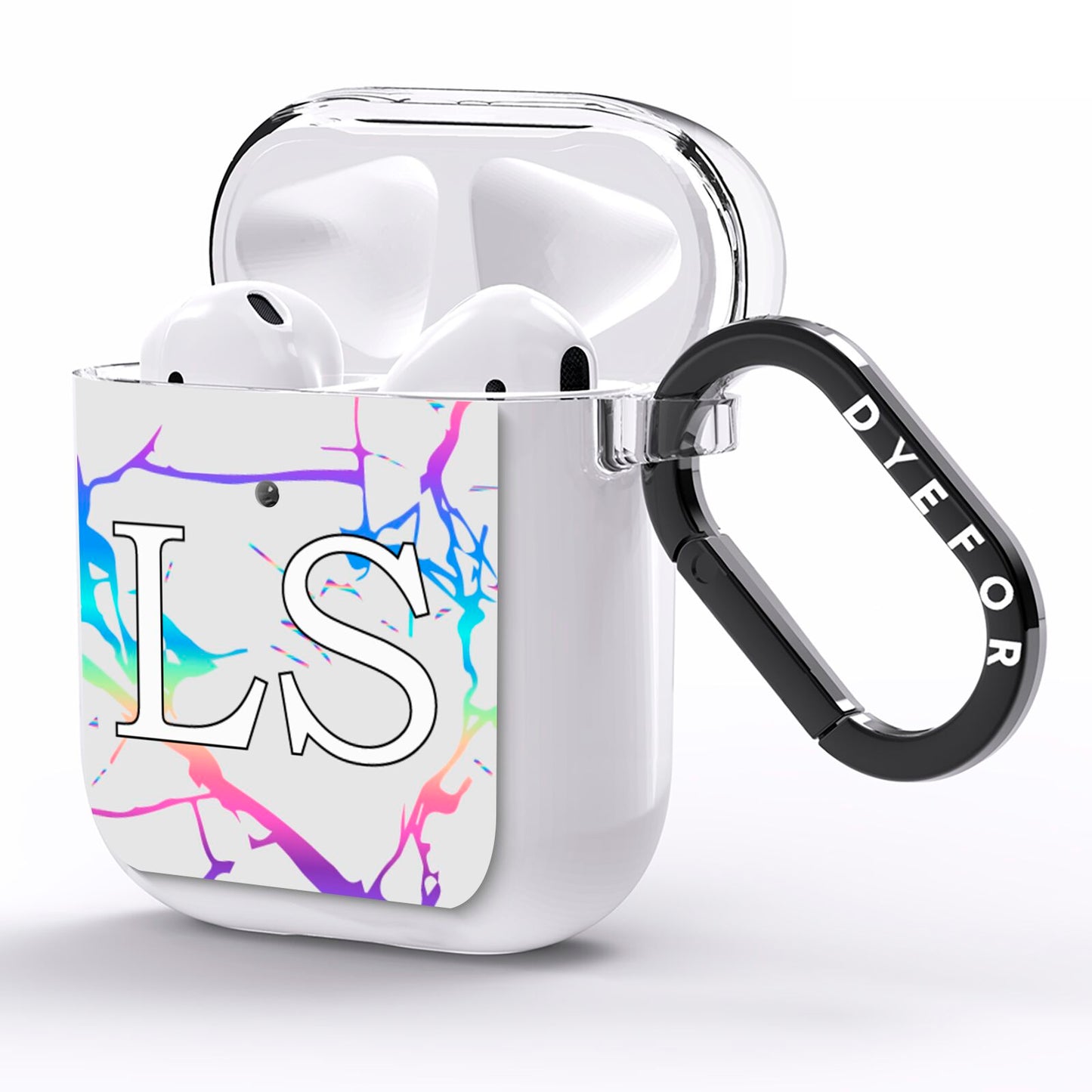 Personalised White Holographic Marble Initials AirPods Clear Case Side Image