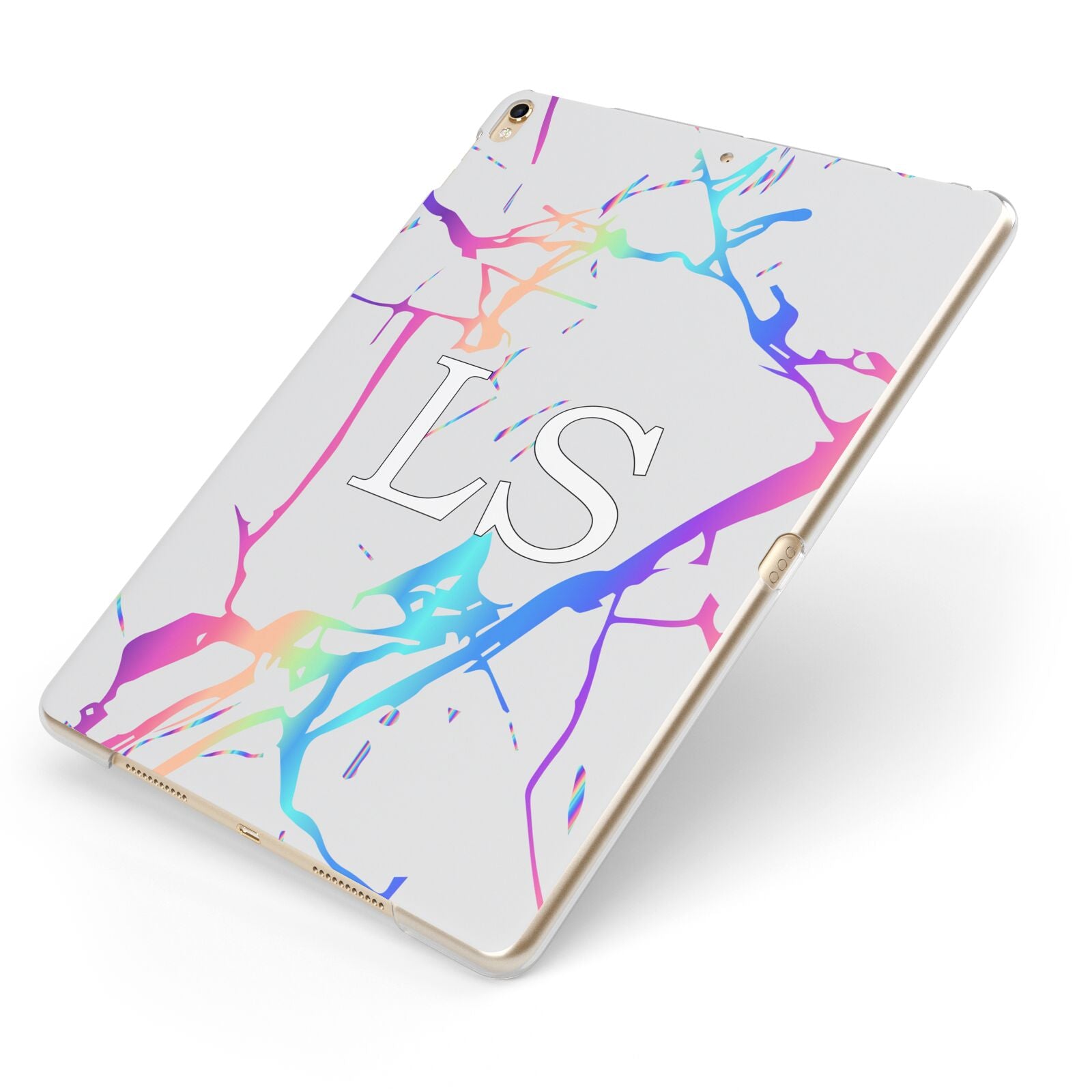 Personalised White Holographic Marble Initials Apple iPad Case on Gold iPad Side View