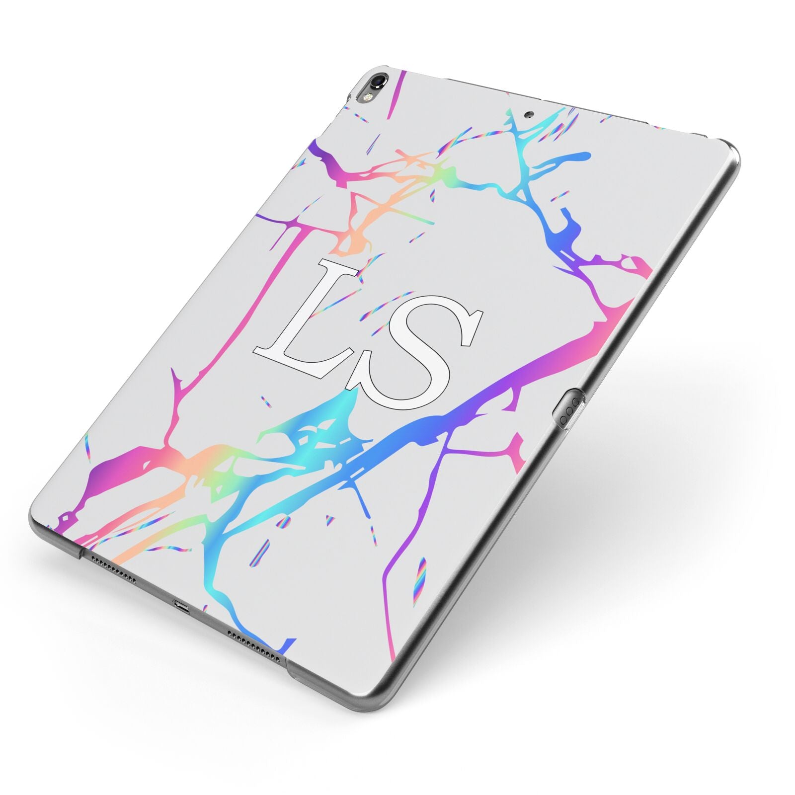 Personalised White Holographic Marble Initials Apple iPad Case on Grey iPad Side View