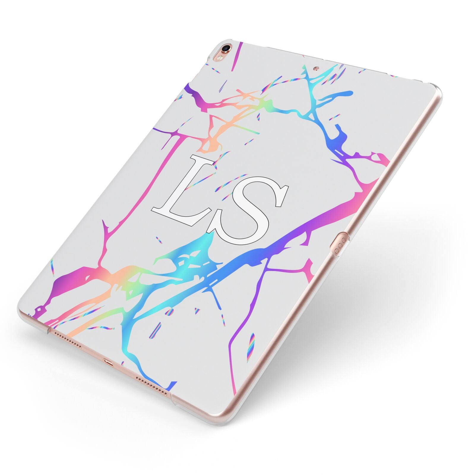 Personalised White Holographic Marble Initials Apple iPad Case on Rose Gold iPad Side View