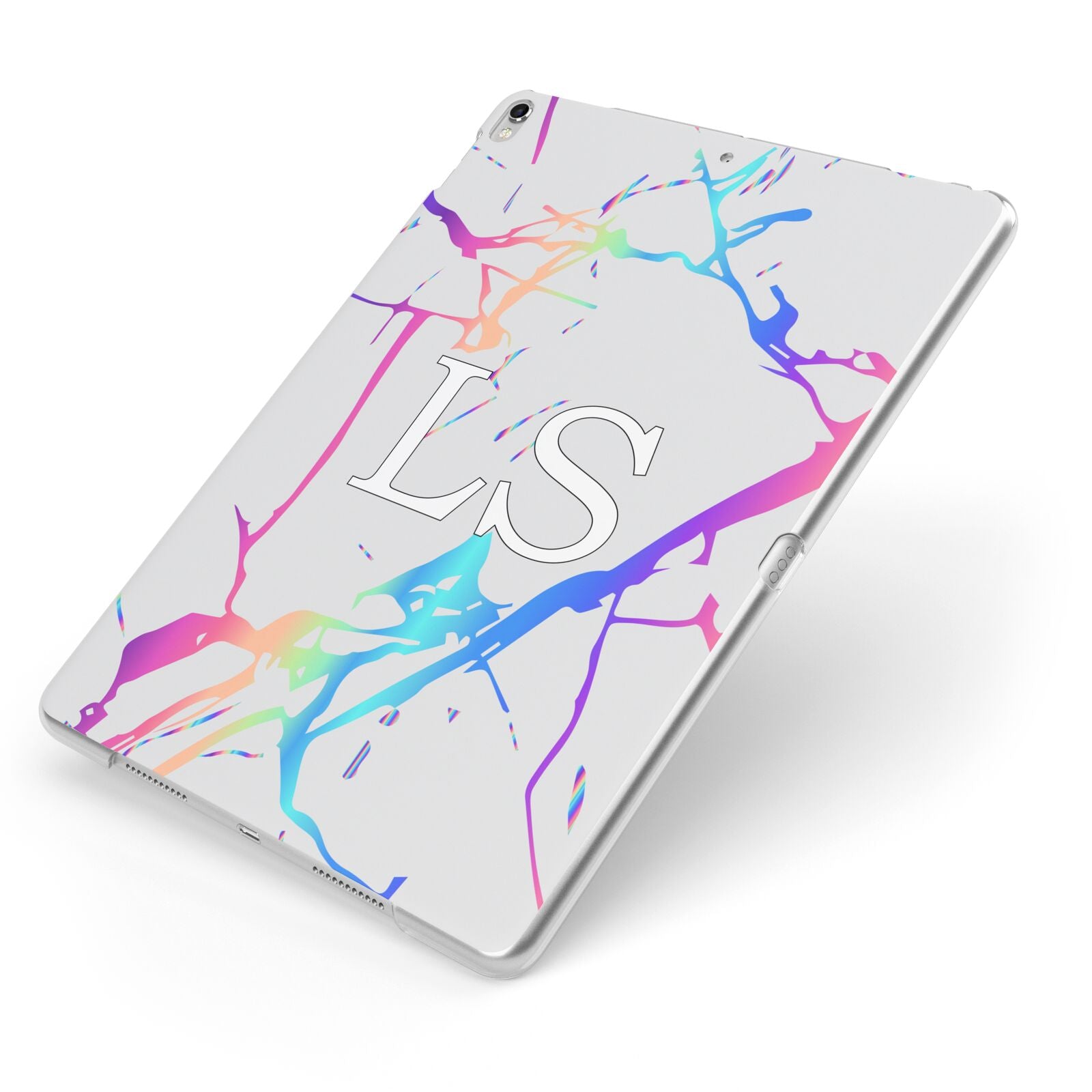 Personalised White Holographic Marble Initials Apple iPad Case on Silver iPad Side View