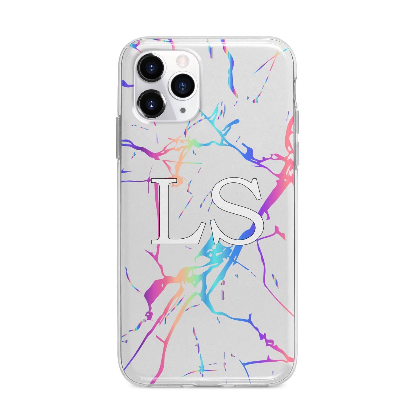 Personalised White Holographic Marble Initials Apple iPhone 11 Pro Max in Silver with Bumper Case