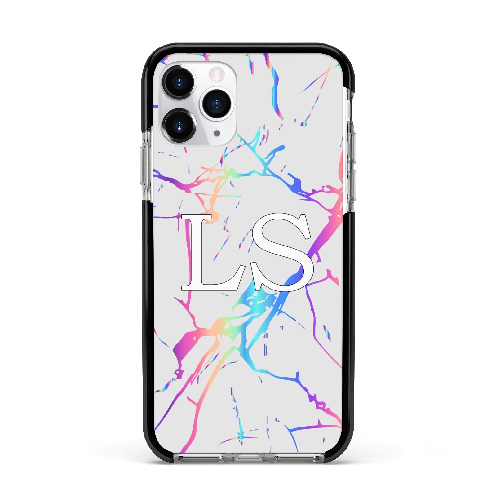 Personalised White Holographic Marble Initials Apple iPhone 11 Pro in Silver with Black Impact Case