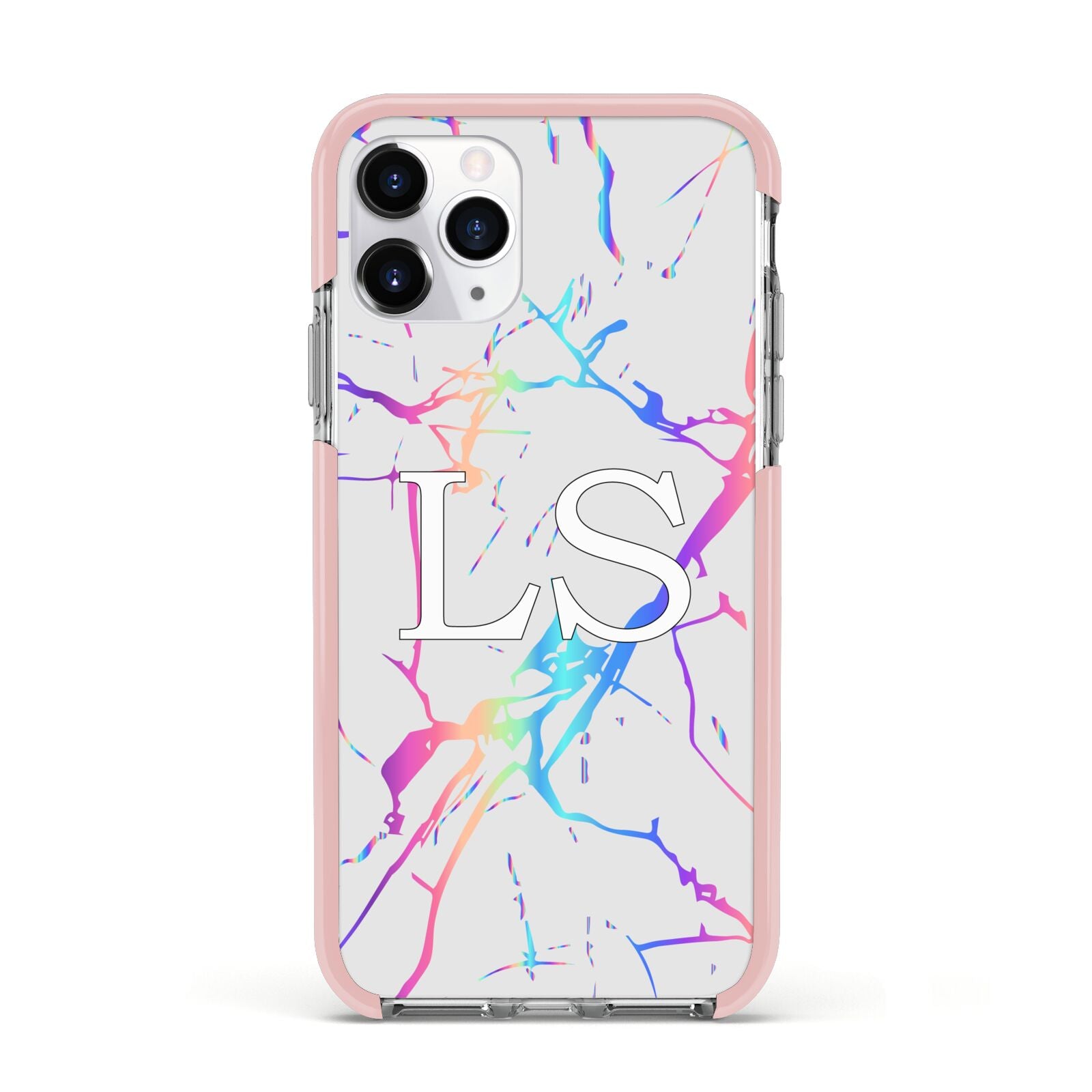 Personalised White Holographic Marble Initials Apple iPhone 11 Pro in Silver with Pink Impact Case