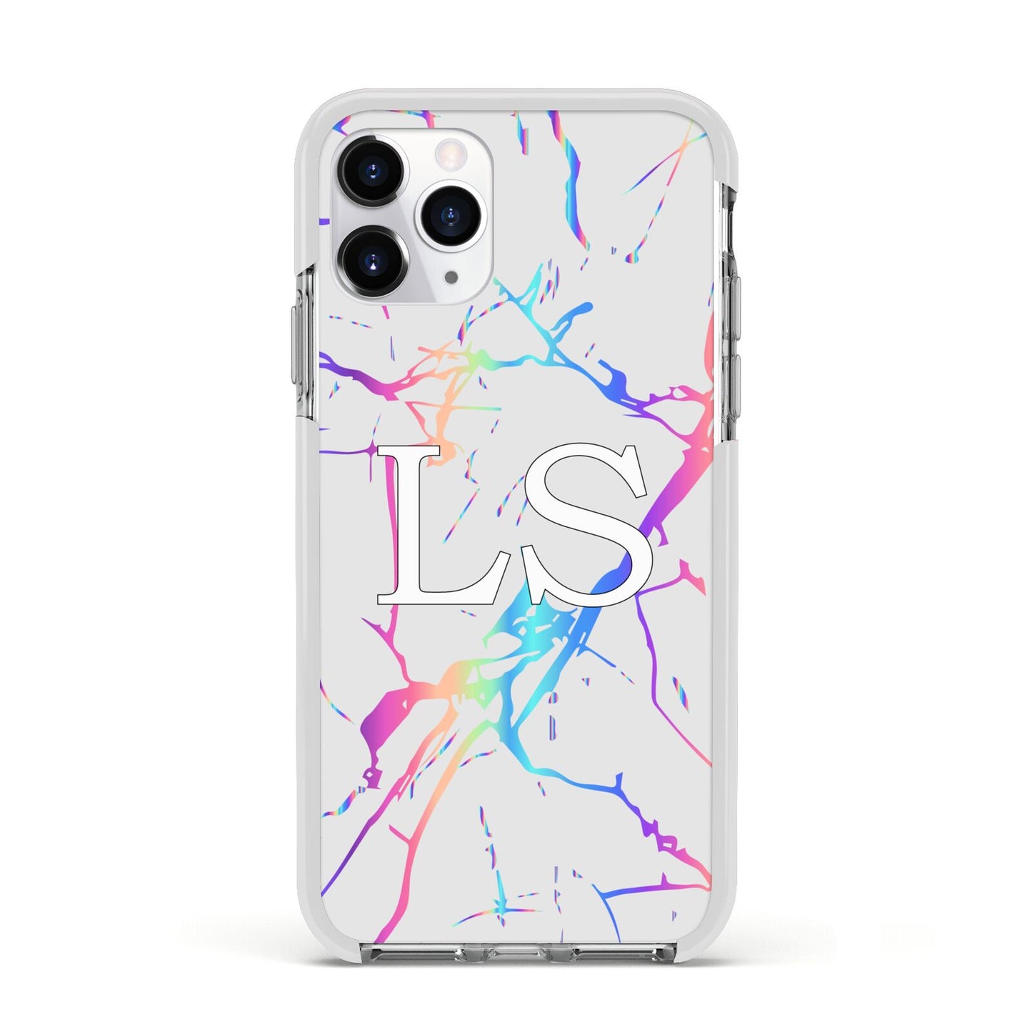 Personalised White Holographic Marble Initials Apple iPhone 11 Pro in Silver with White Impact Case