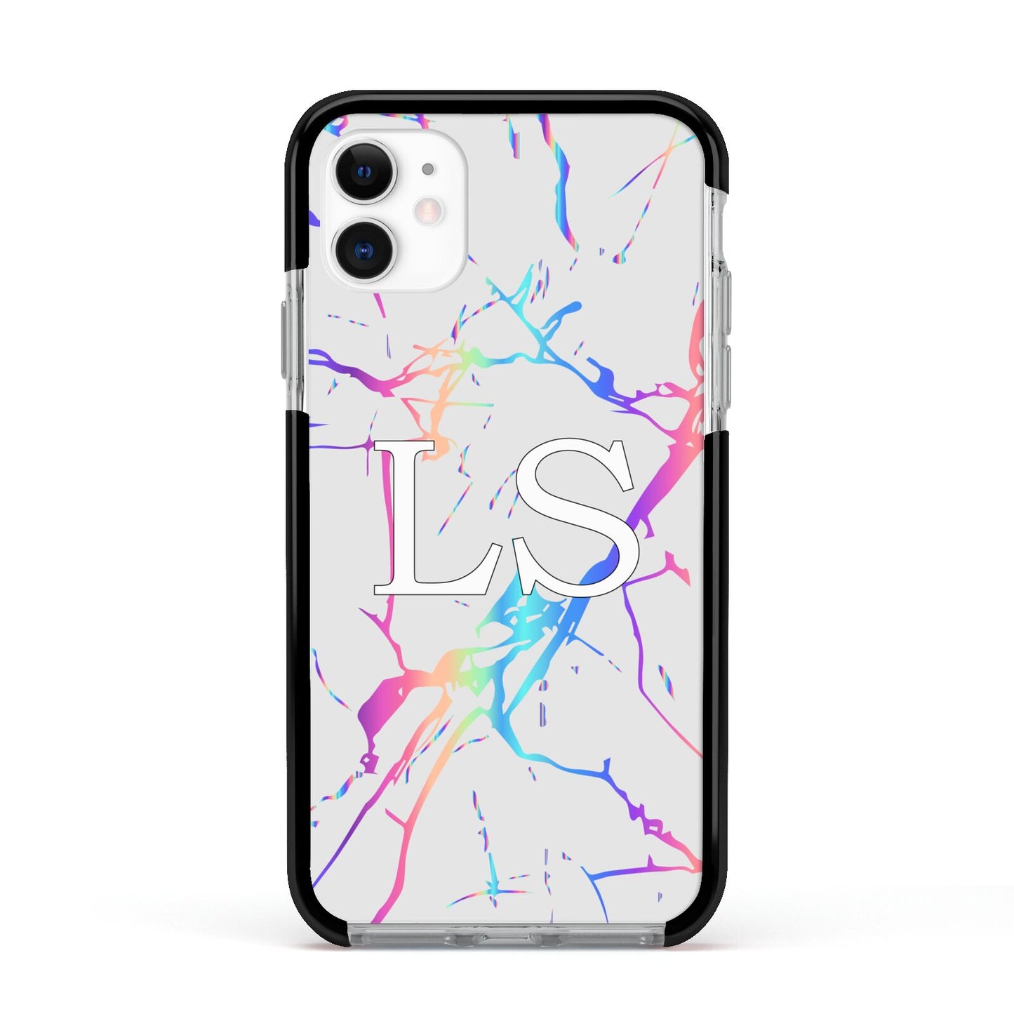Personalised White Holographic Marble Initials Apple iPhone 11 in White with Black Impact Case