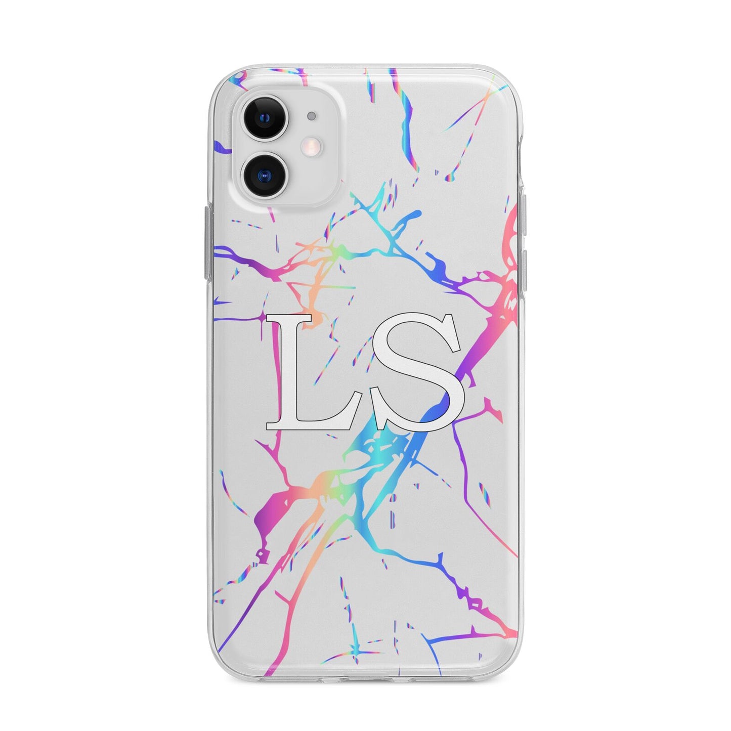 Personalised White Holographic Marble Initials Apple iPhone 11 in White with Bumper Case